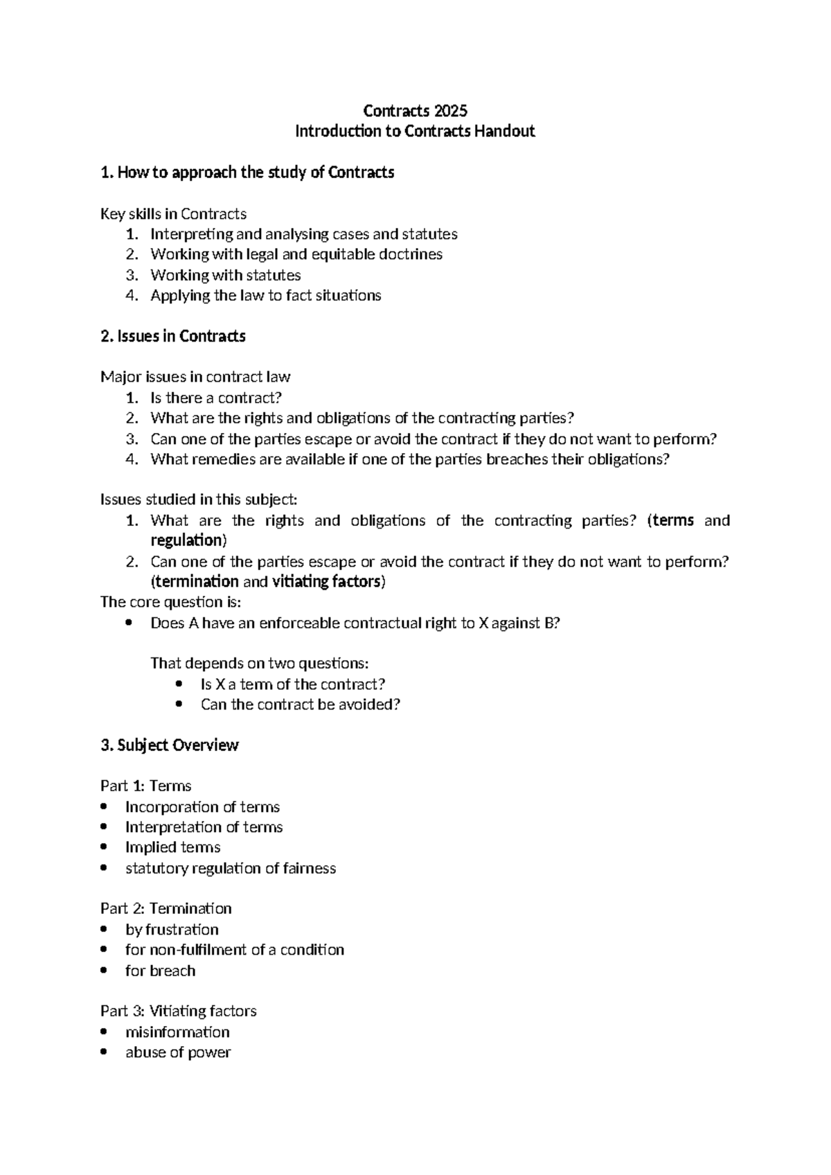 Contracts 2025: Week 1 Intro Handout on Key Skills and Issues - Studocu