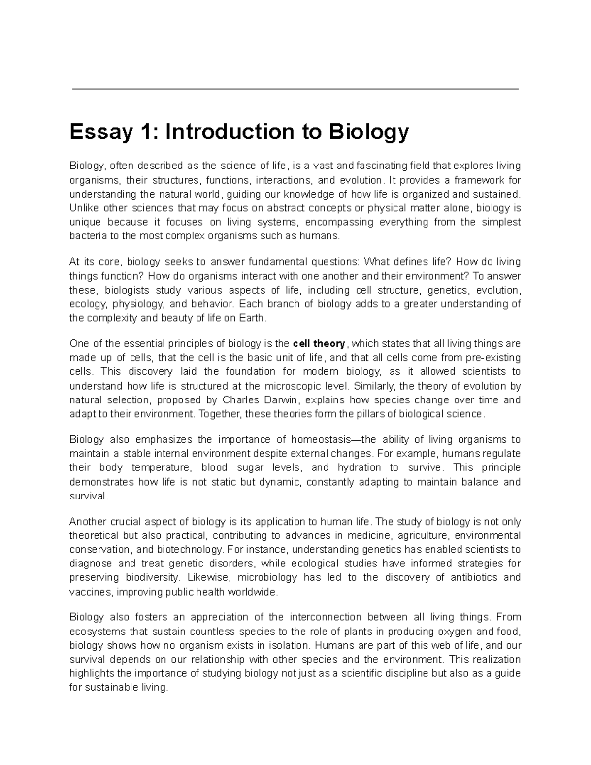 Essay 1: Intro to Biology - Exploring Life's Complexities - Studocu