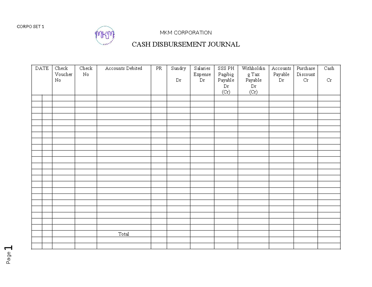 MKM CORPORATION CDJ Cash Disbursement Journal Overview Studocu