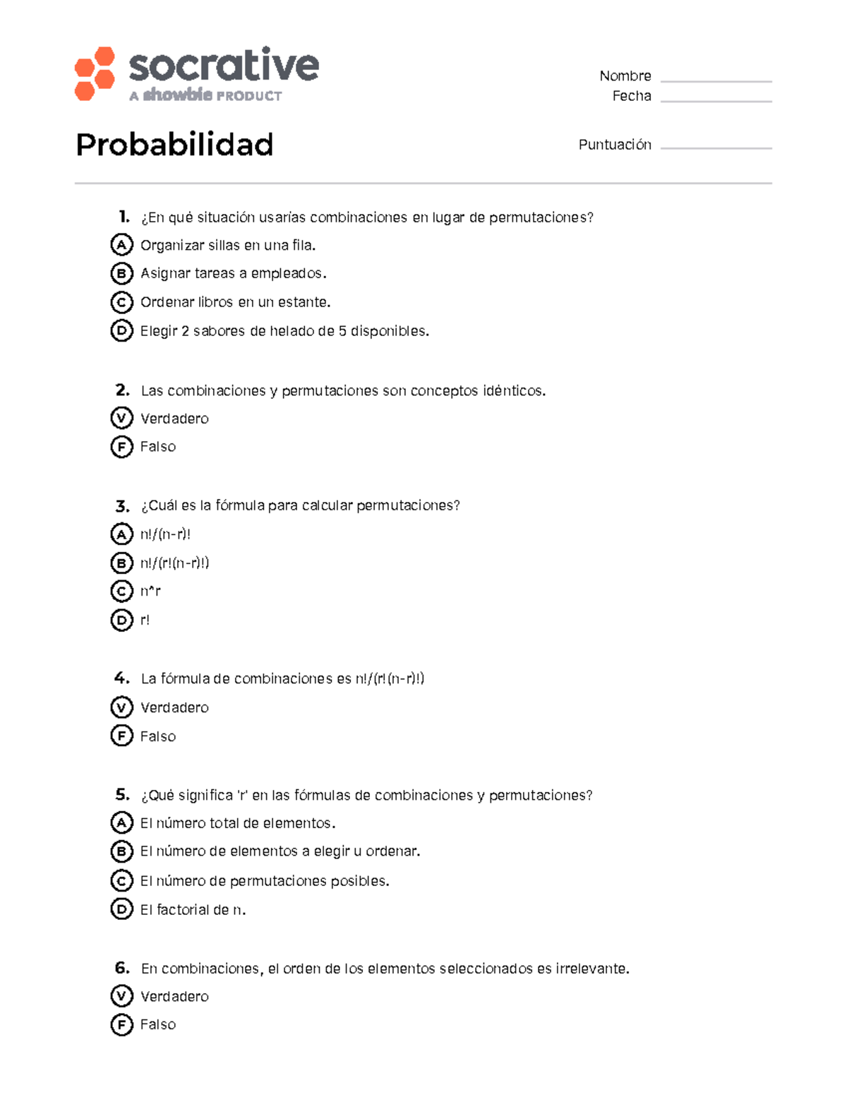 Quiz de Probabilidad - Combinaciones y Permutaciones (MAT101) - Studocu