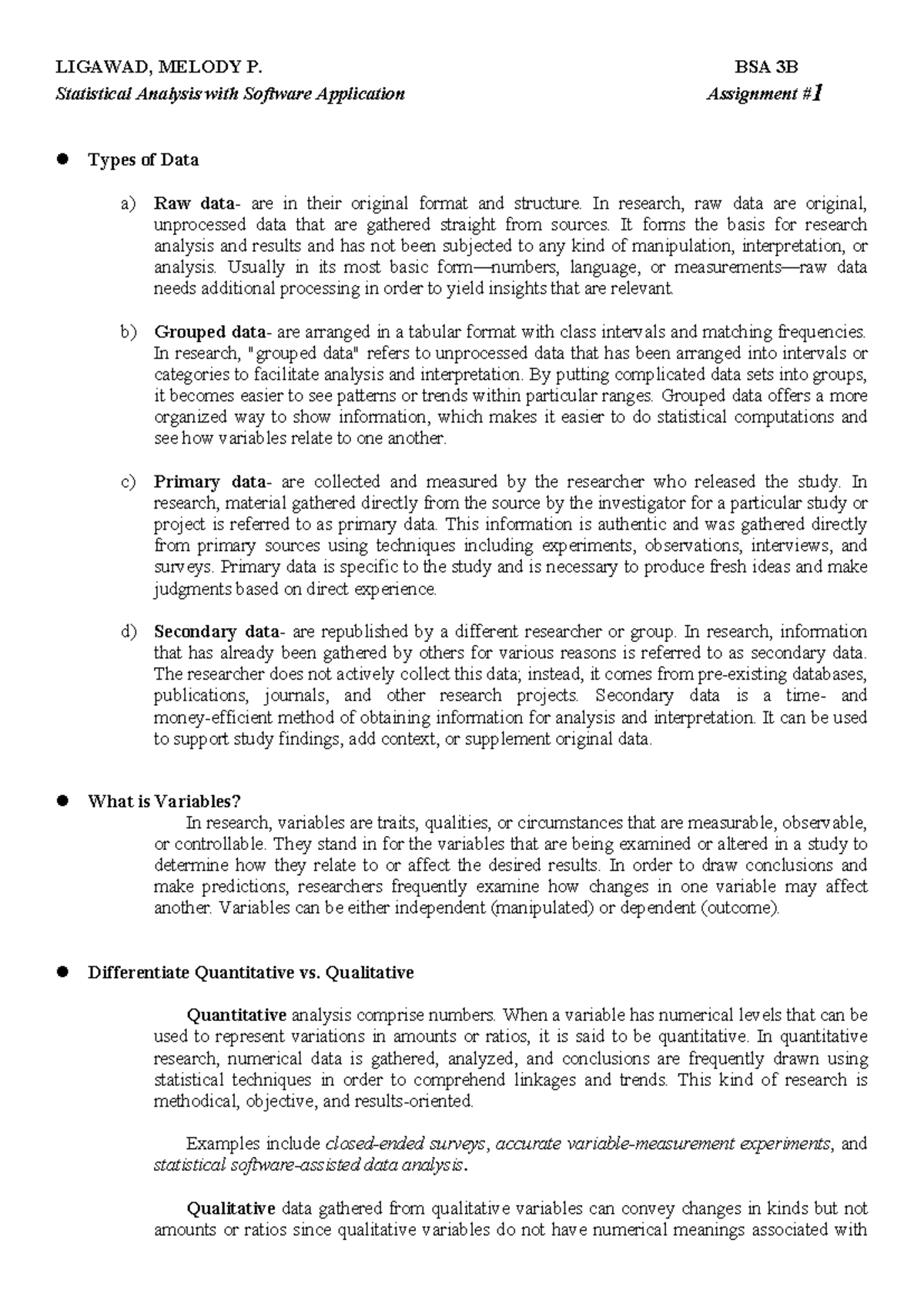 Statistical Analysis Assignment #1 - BSA 3B Course Insights - Studocu
