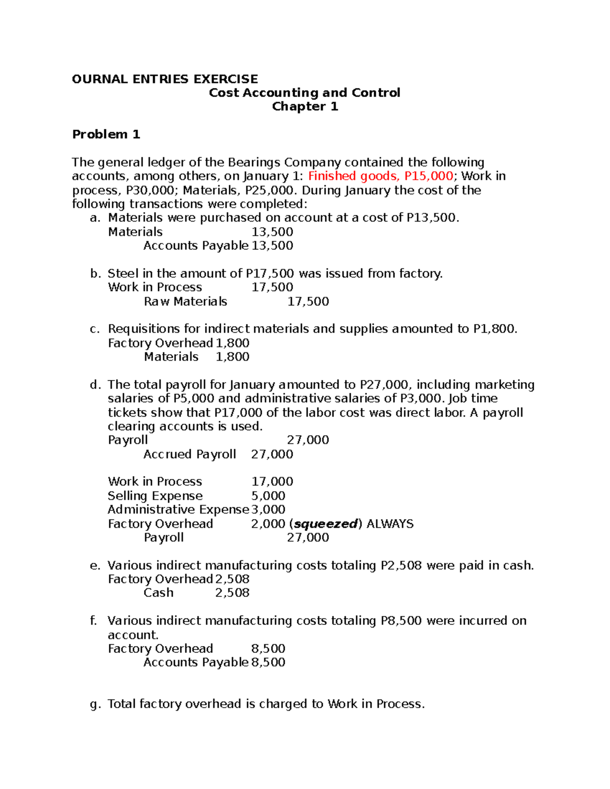 Cost Accounting Exercise: Journal Entries & COGS Tally for Chapter 1 ...