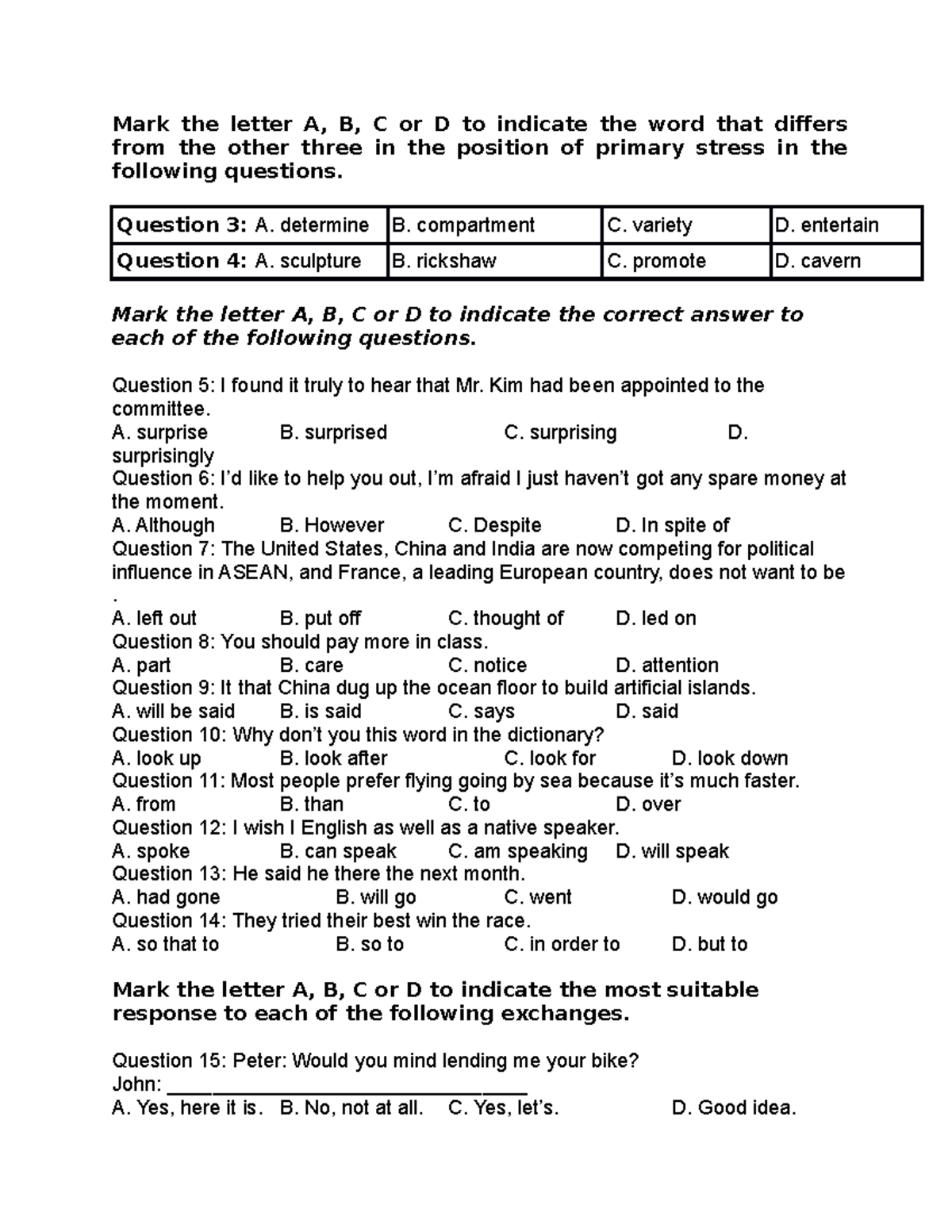 Test 5 - good - Mark the letter A, B, C or D to indicate the word that ...