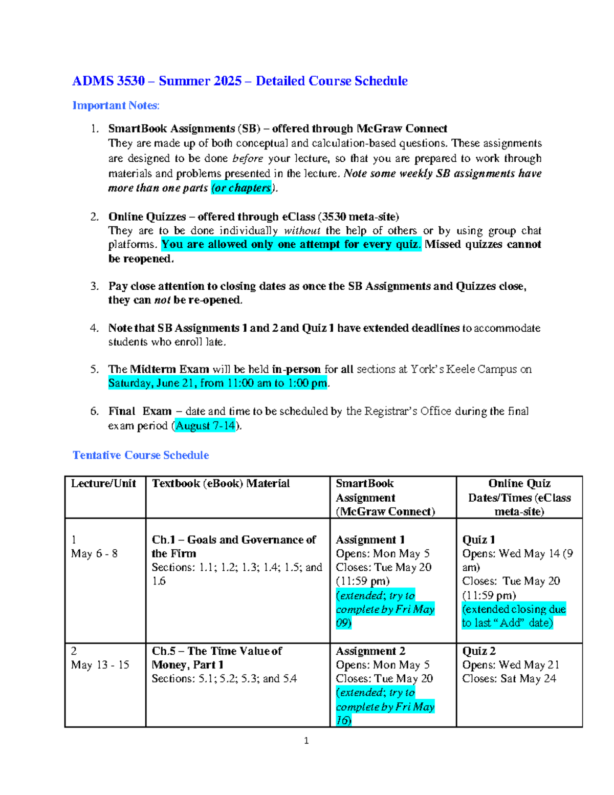 ADMS 3530 Summer 2025 Comprehensive Course Schedule and Deadlines - Studocu