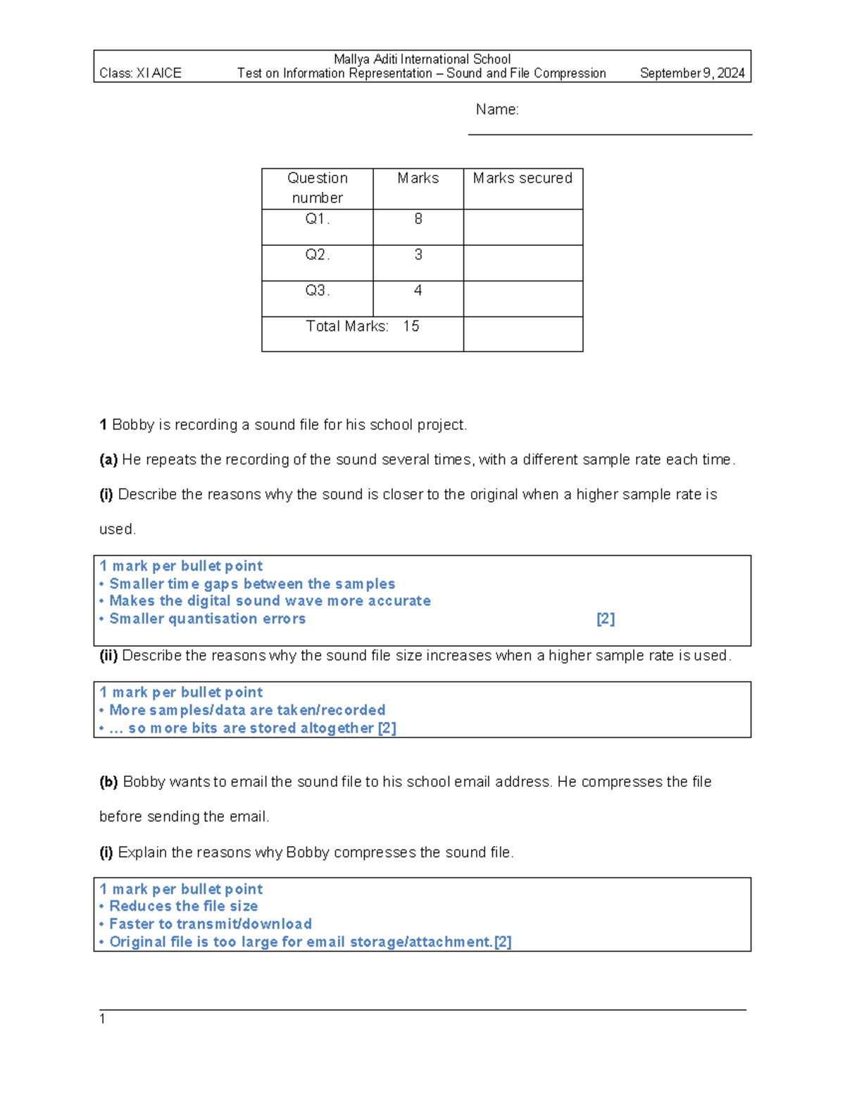 Test on Information Representation: Sound & File Compression (XI AICE ...