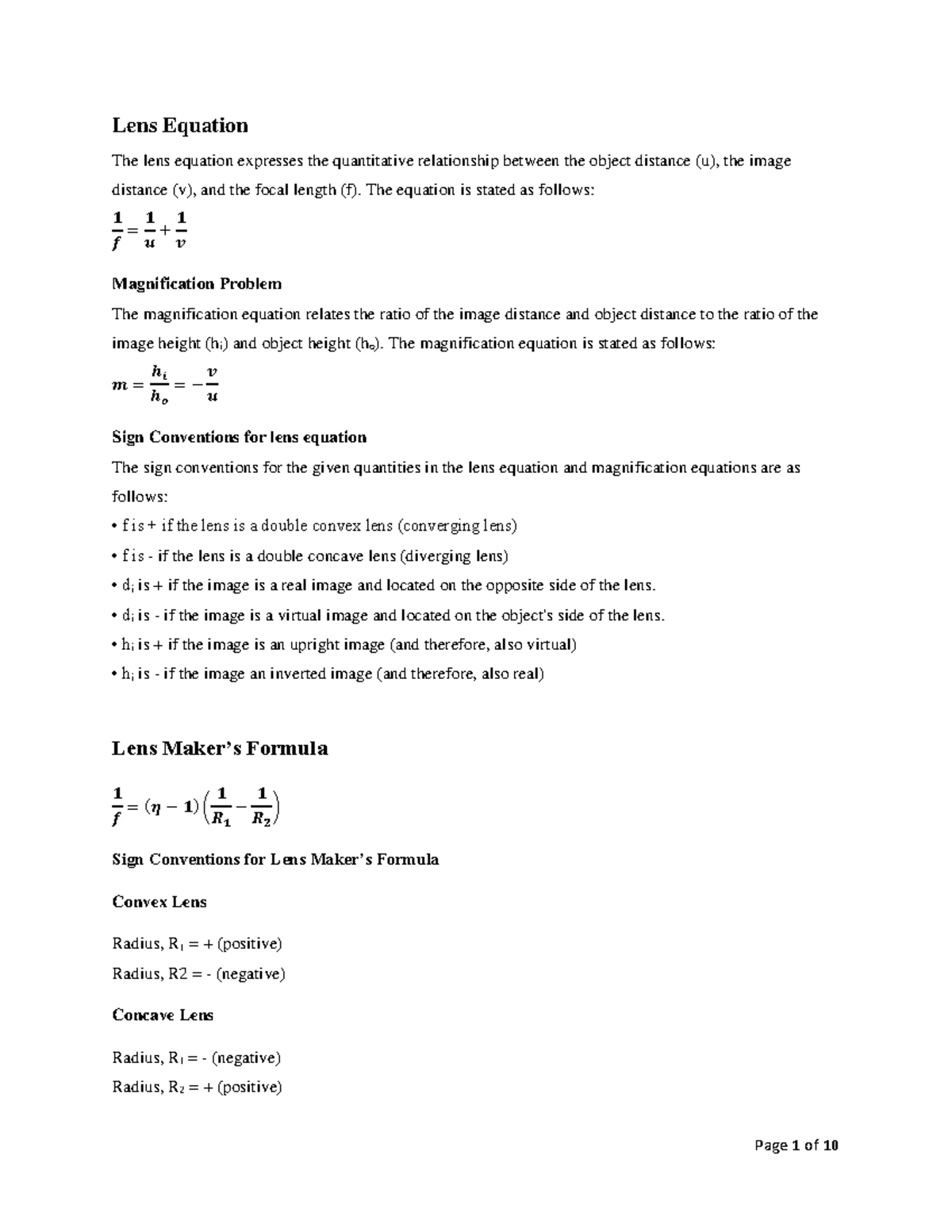 SPH 2170 - Optics Sample Problems & Lens Equations - Dec 2024 - Studocu