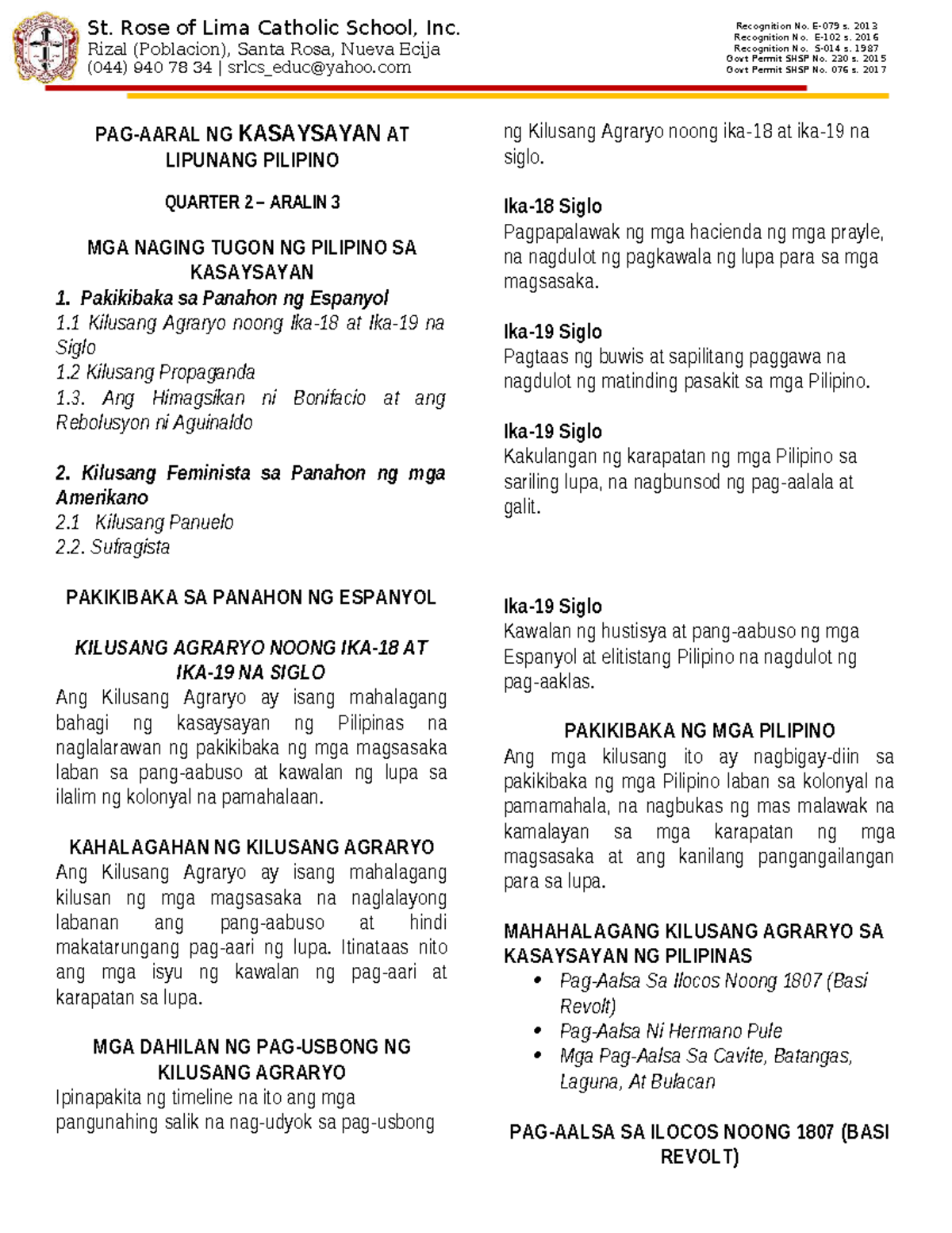 Kasaysayan - Q2 WEEK 5-6 Lesson 3: Kilusang Agraryo at Pakikibaka ng mga - Document Preview