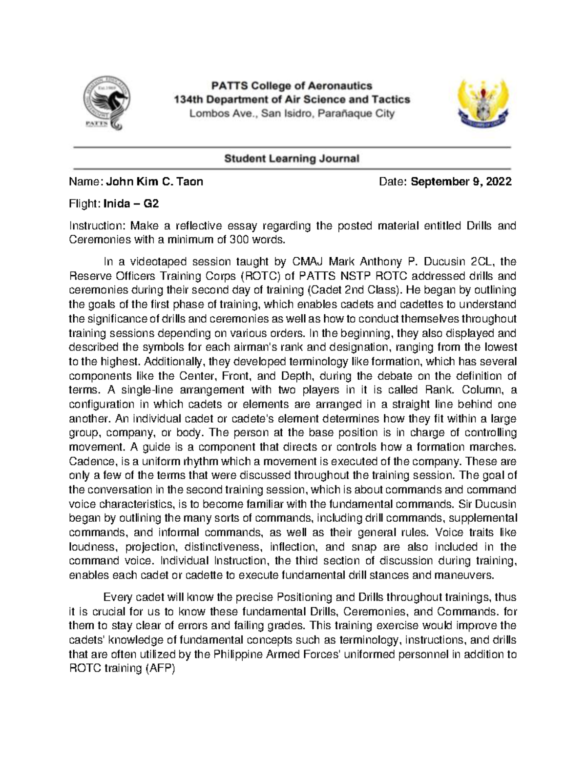 Reflective Essay on Drills and Ceremonies in ROTC Training - Studocu