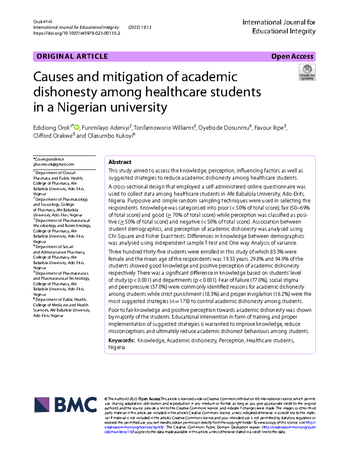 Causes and Mitigation of Academic Dishonesty Among Healthcare Students ...