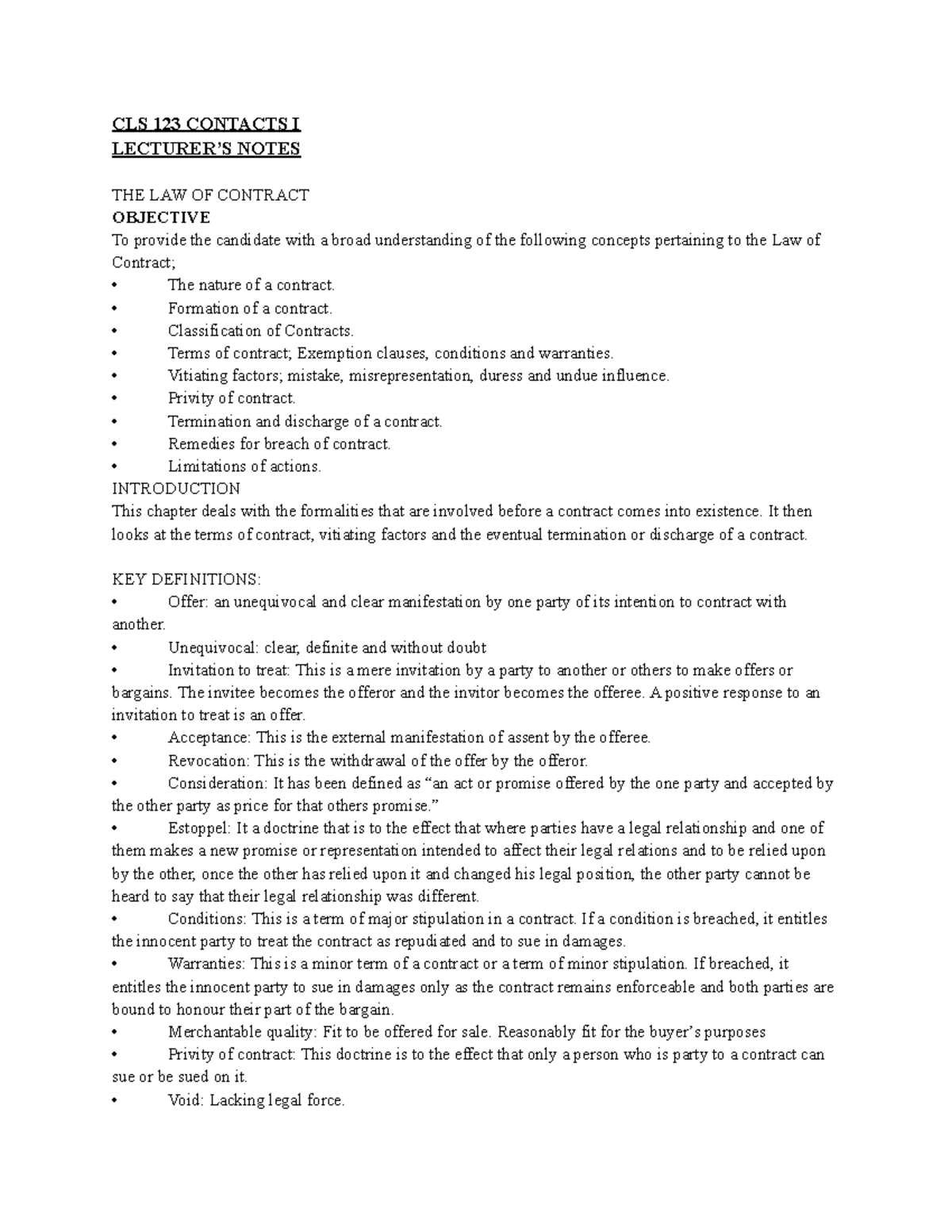 CLS 123 Final Exam Notes: The Law of Contract Overview - Studocu