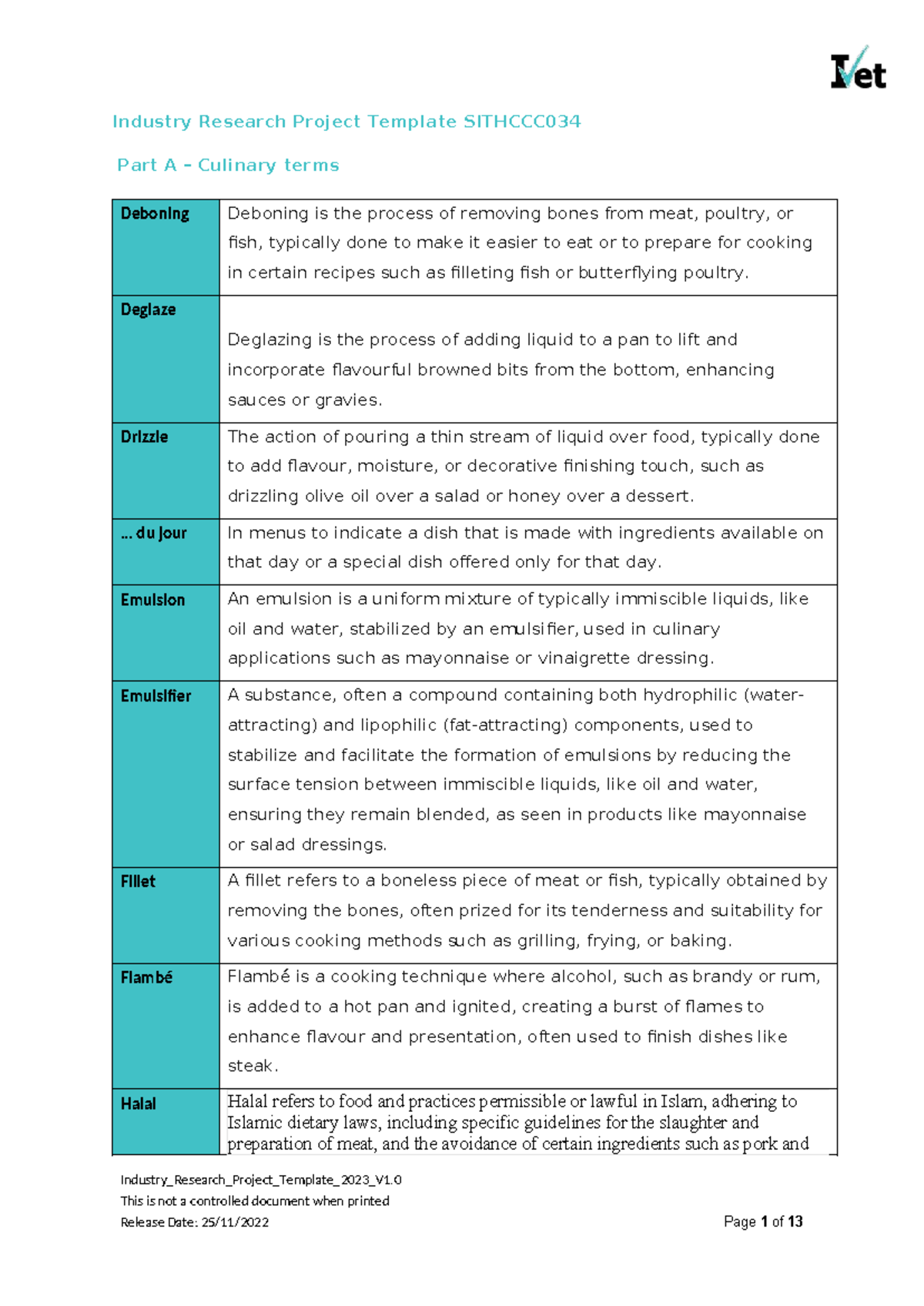 Industry Research Project Template: Culinary Terms Explained - Studocu