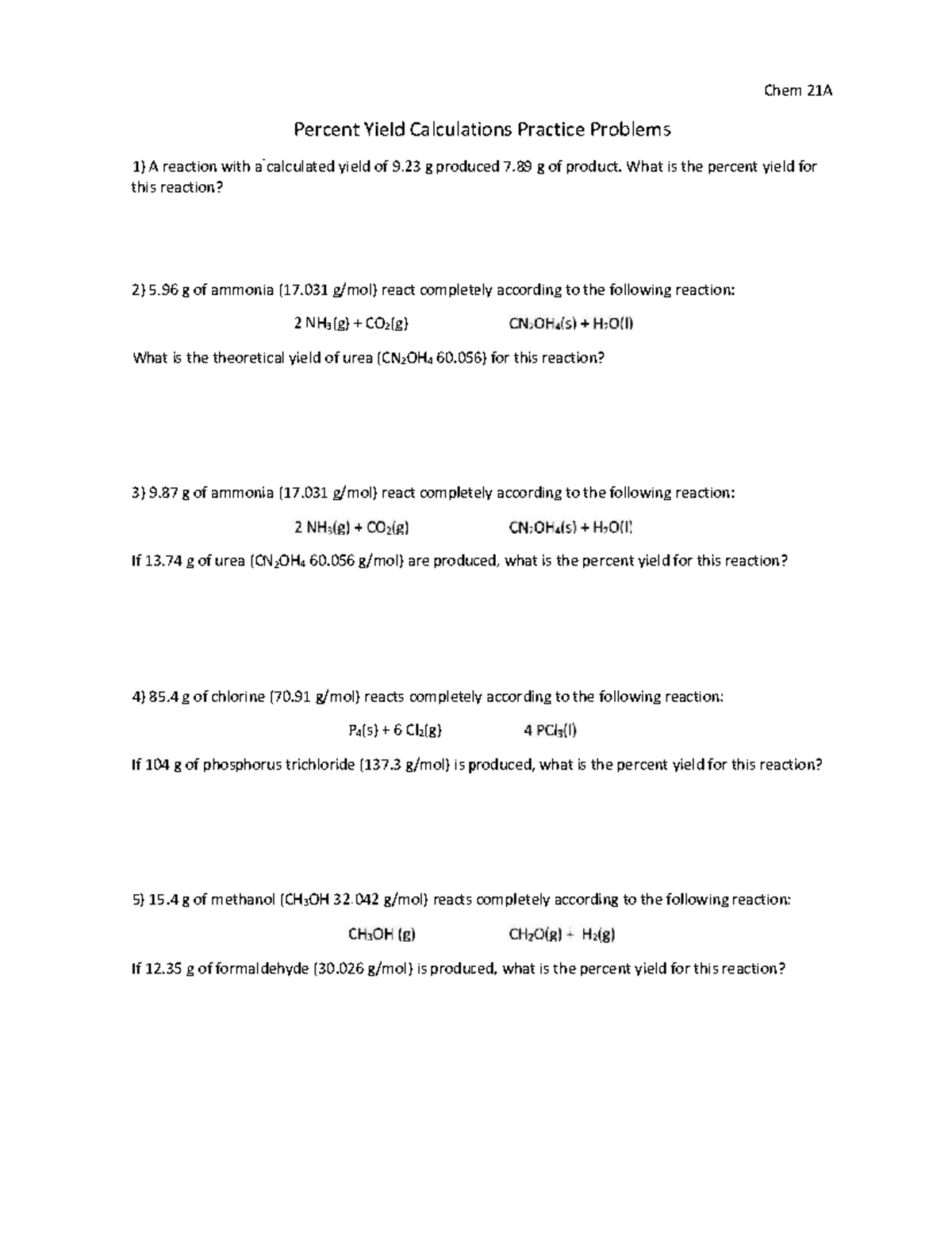 Chem 21A Percent Yield Calculations Practice Problems Worksheet - Studocu