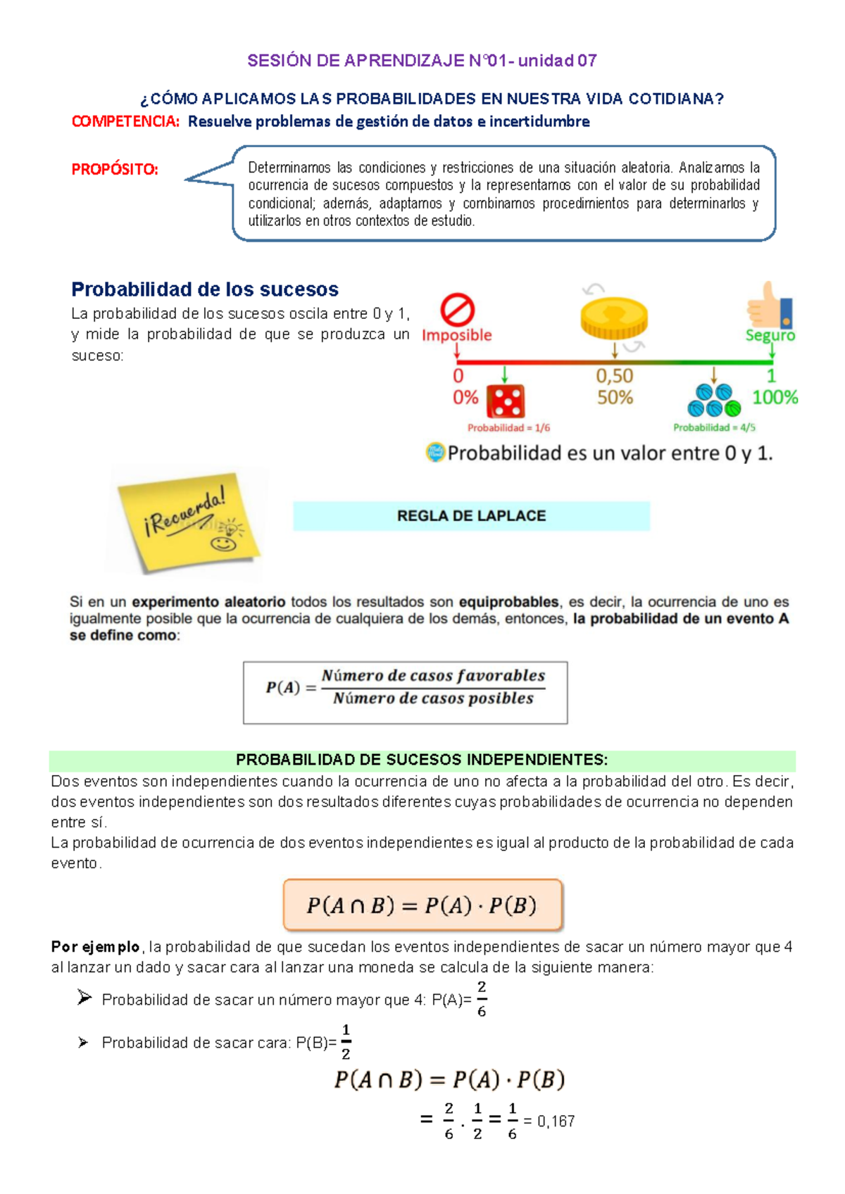 Fichas de Aprendizaje N°01 - Unidad 07: Probabilidades en la Vida ...