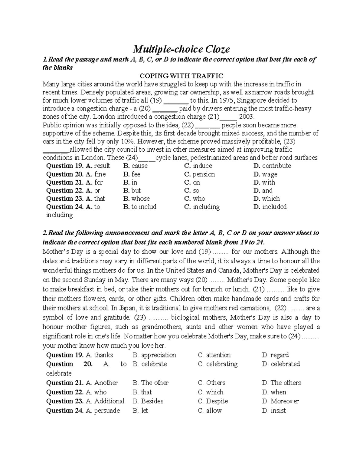 Cloze Test: Multiple-Choice Questions for Language Proficiency - Studocu