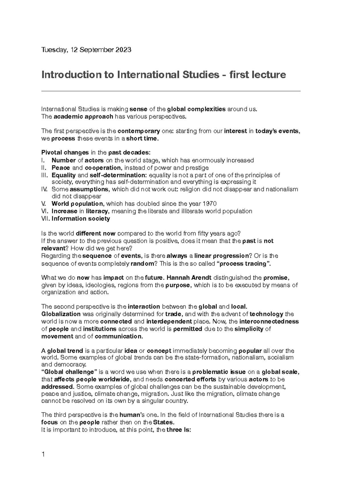 Introduction to International Studies (INTL101) - First Lecture Notes ...