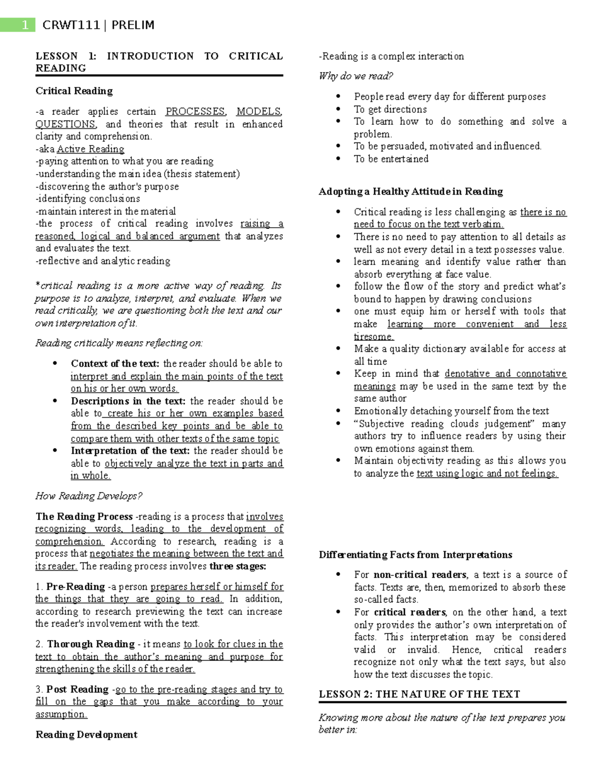 Prelim - CRWT111 - Critical Reading Strategies and Techniques - Studocu