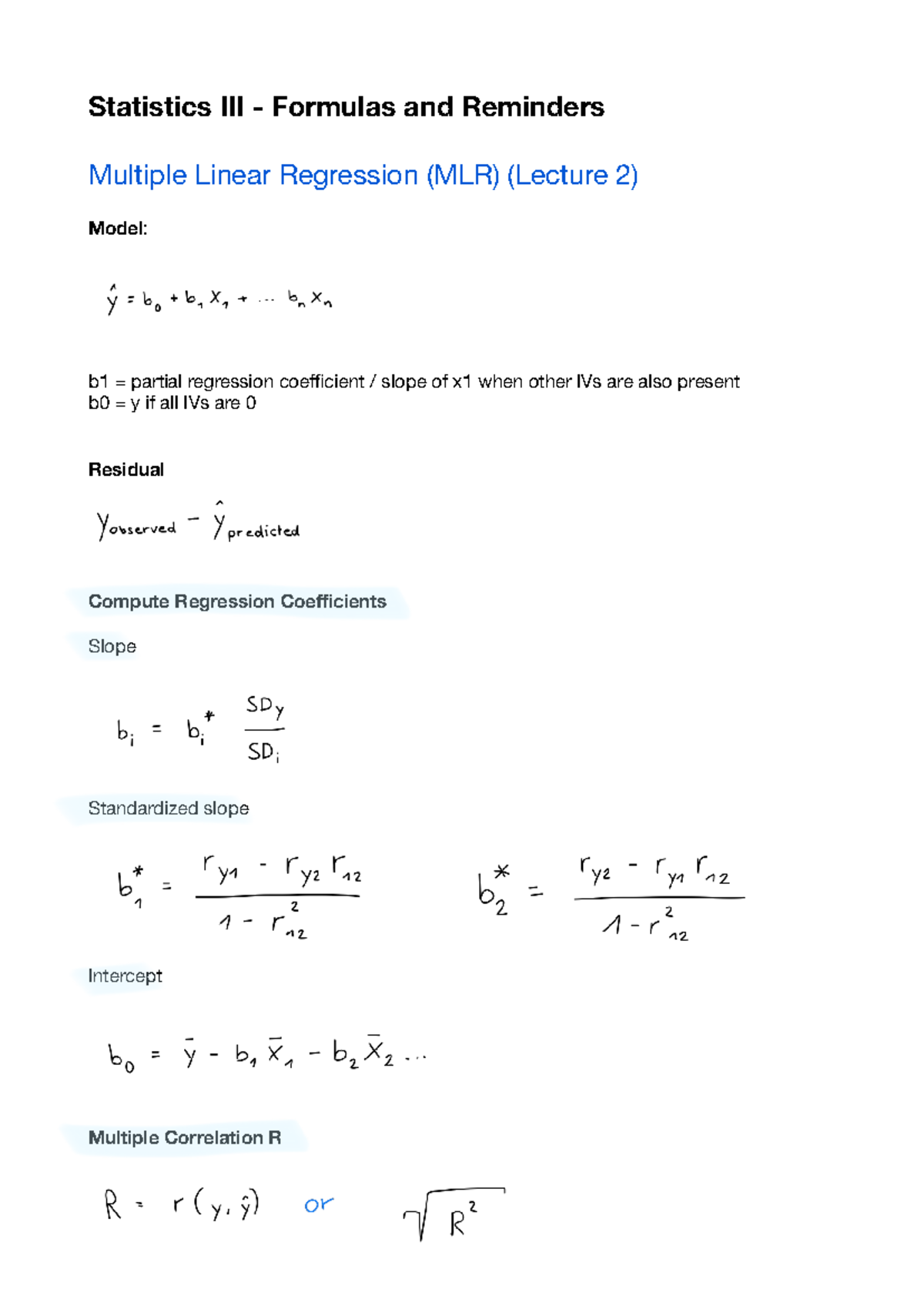 Statistics III Formula Sheet: MLR, ANOVA, and Logistic Regression Notes ...
