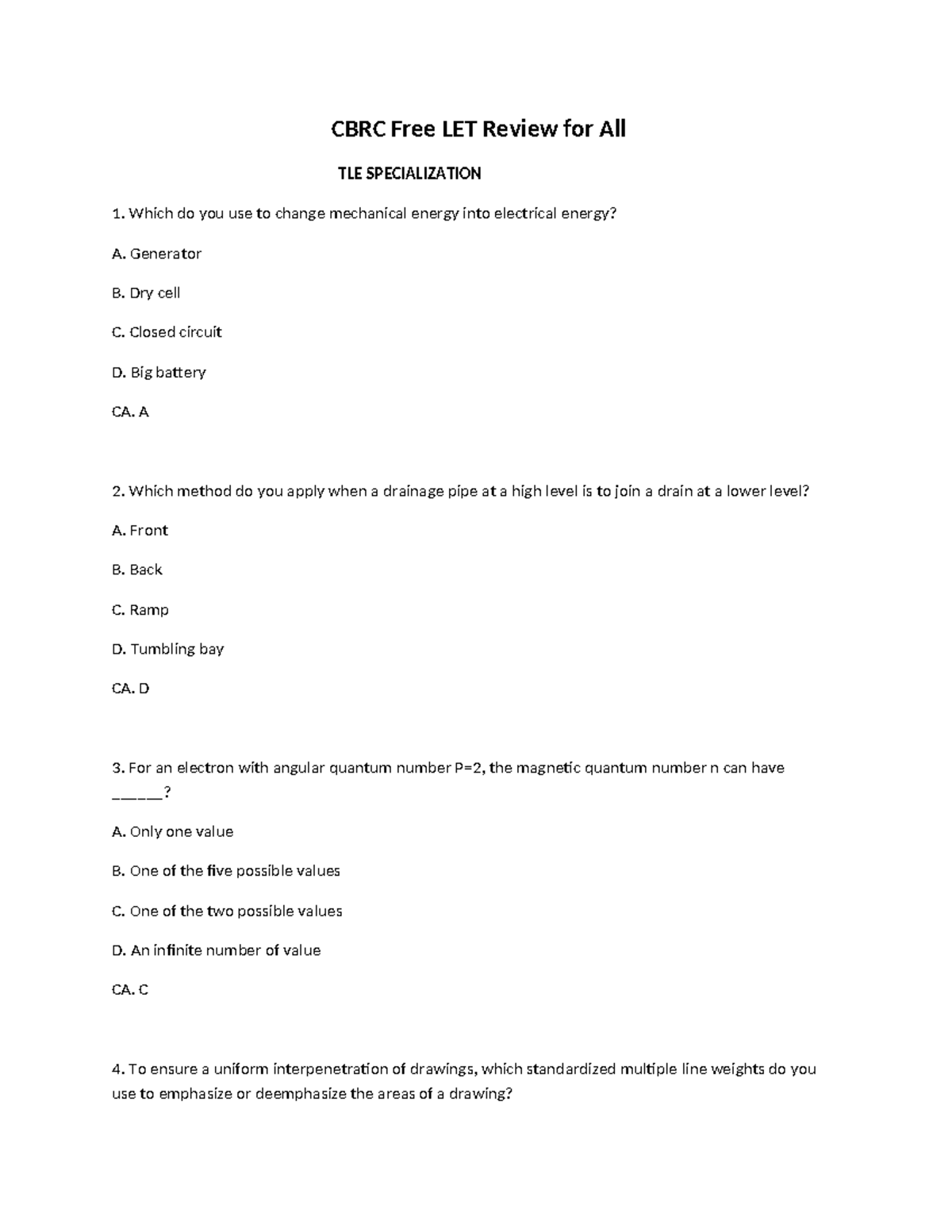 CBRC Free LET Review - TLE Major (Part 1) Quiz Questions - Studocu