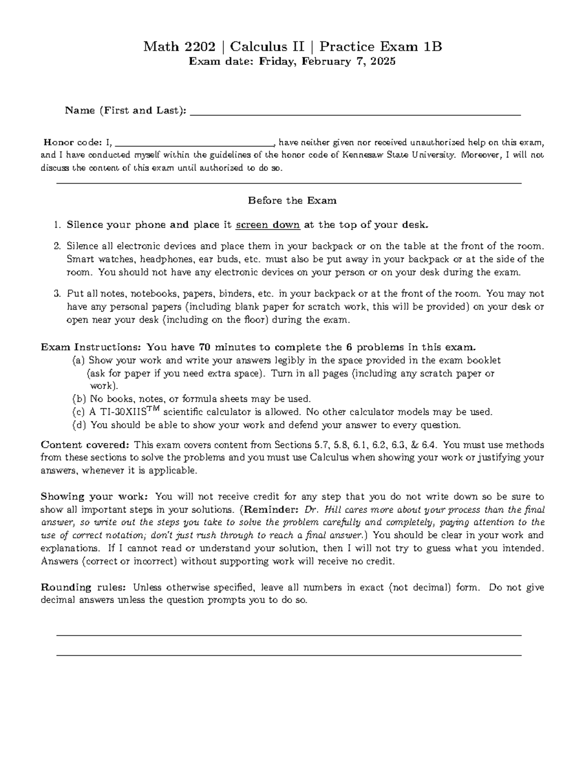 Math 2202 | Calculus II | Practice Exam 1B - February 2025 - Math 2202 ...