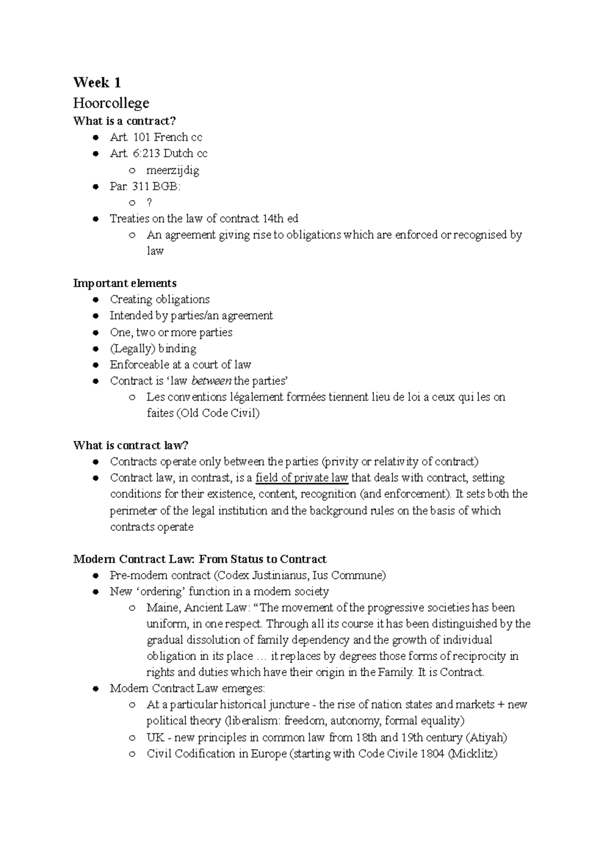 Lecture & Seminar Notes on European Contract Law (ECL 101) - Studeersnel