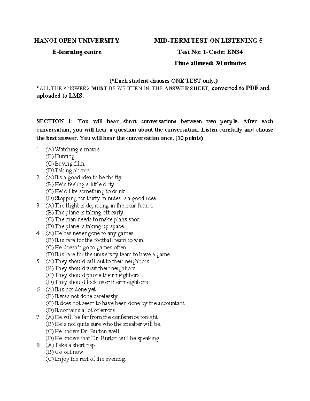 Mid-Term Test on Listening 5 - EN Code - Test 1 - Studocu