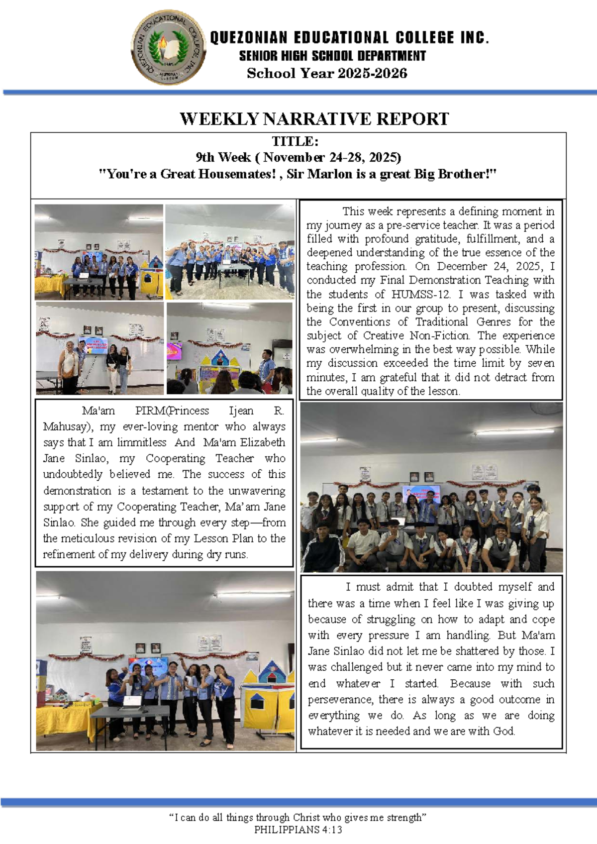 9th Week Narrative Report: A Teacher's Journey (Nov 2025) - Studocu