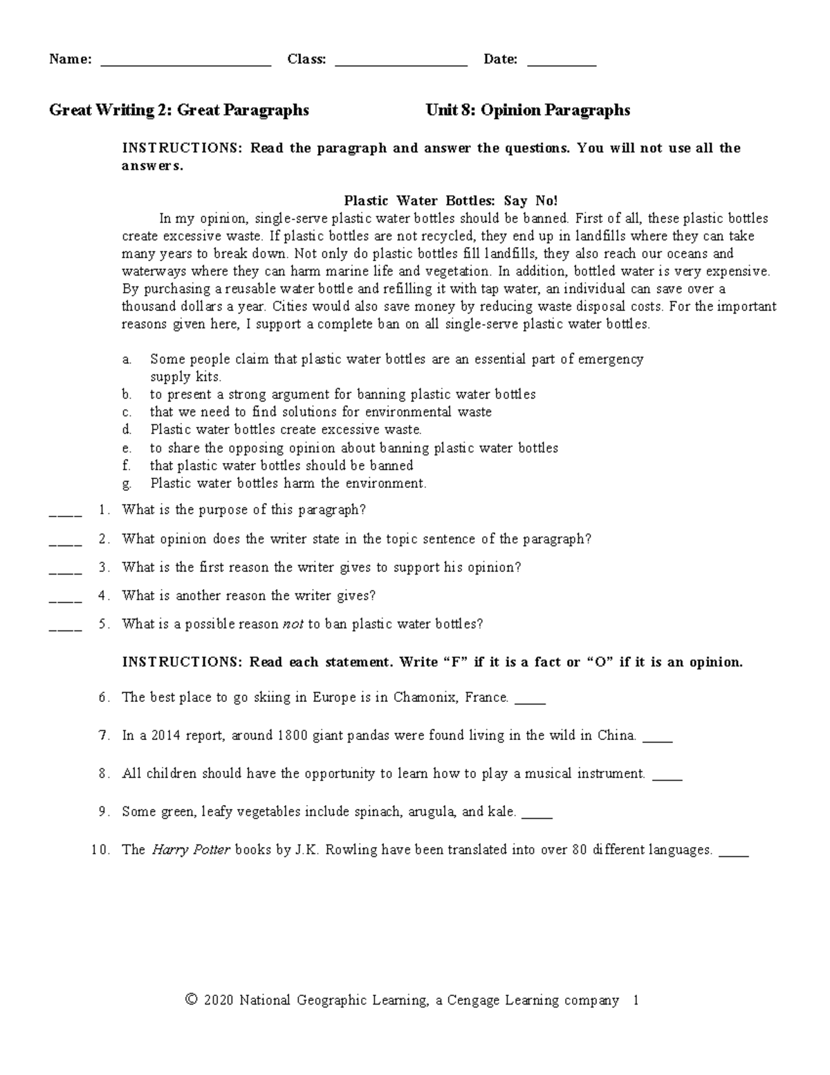 Great Writing 2: Unit 8 Opinion Paragraphs Exam - Studocu