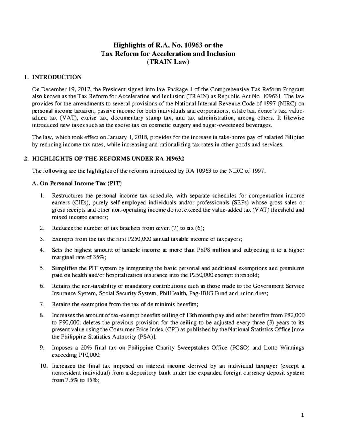 Notes on R.A. No. 10963: Highlights of the TRAIN Law - Studocu