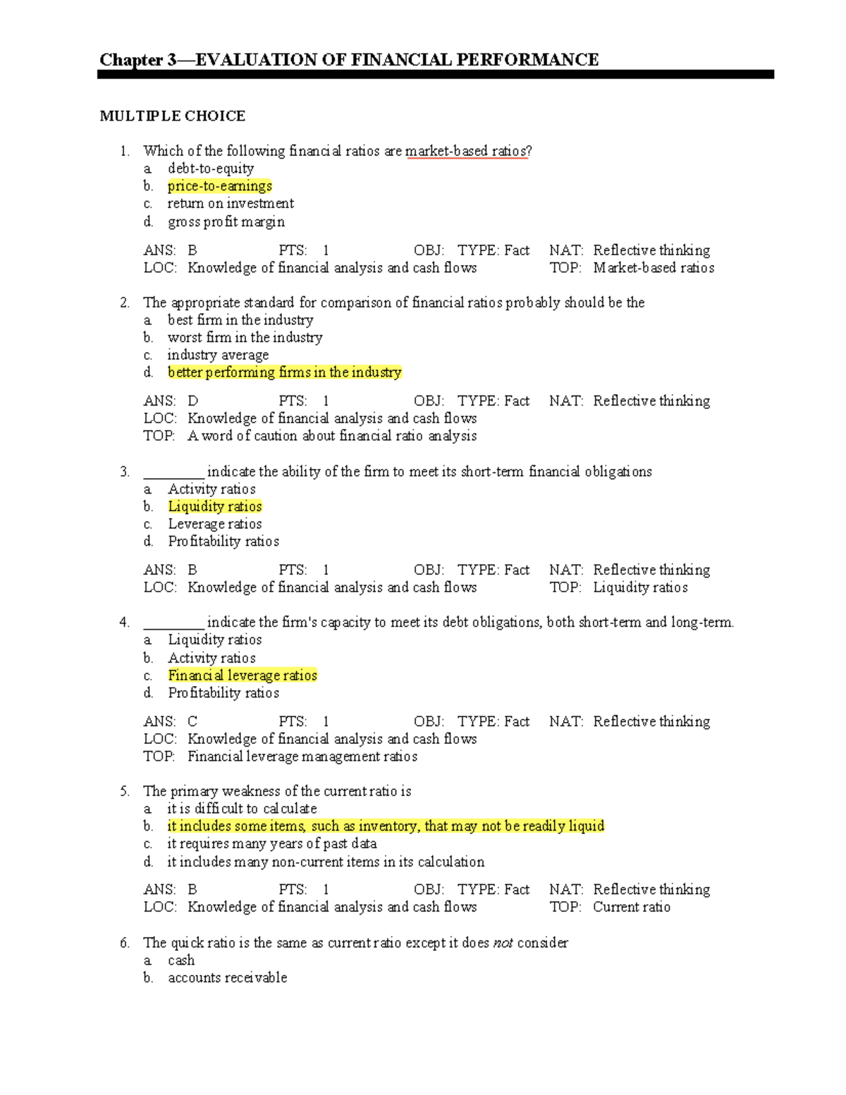 Chapter 1: Financial Performance Multiple Choice Questions (FINMAN ...