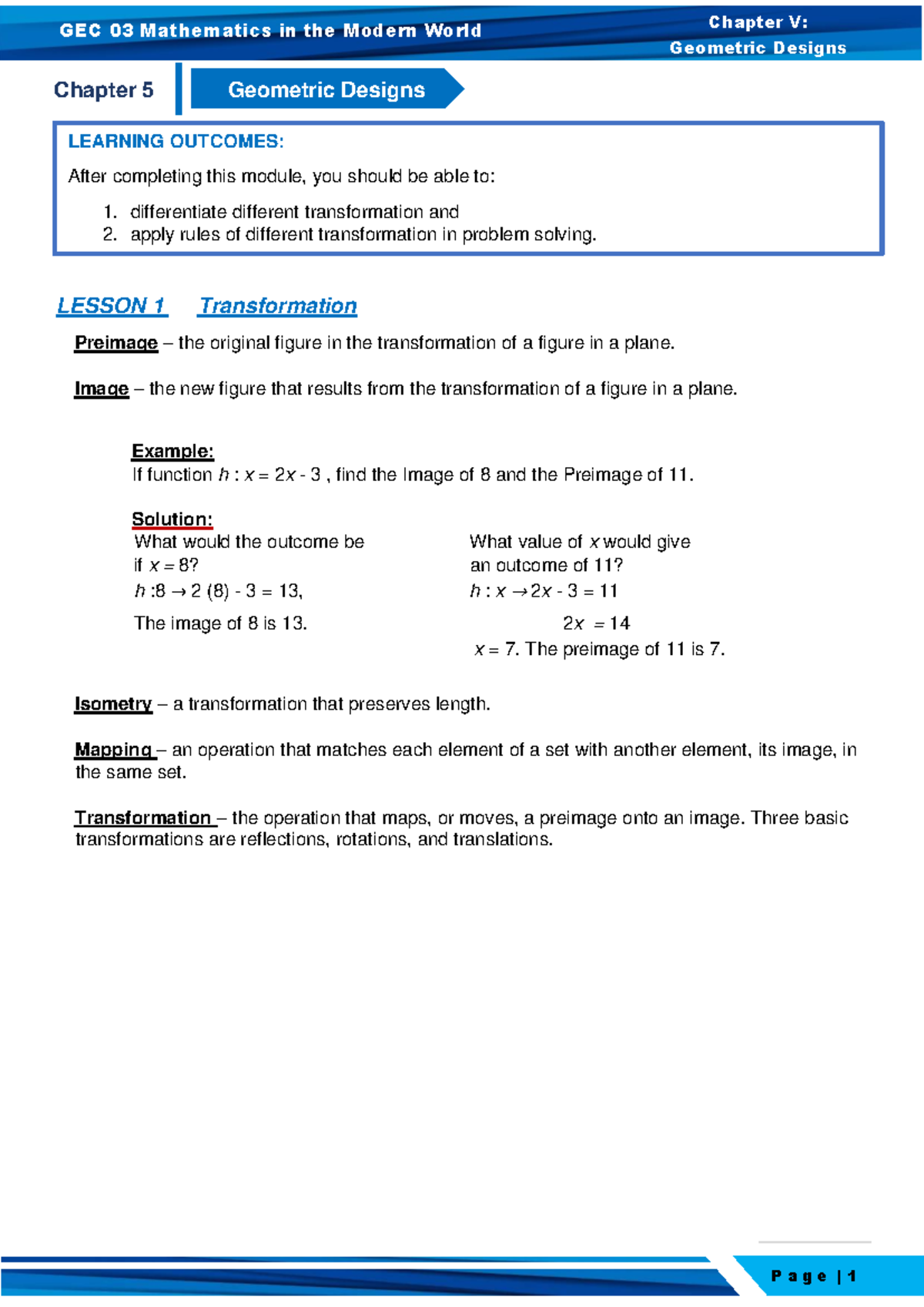 GEC 03 Mathematics in the Modern World: Chapter V - Geometric Designs ...