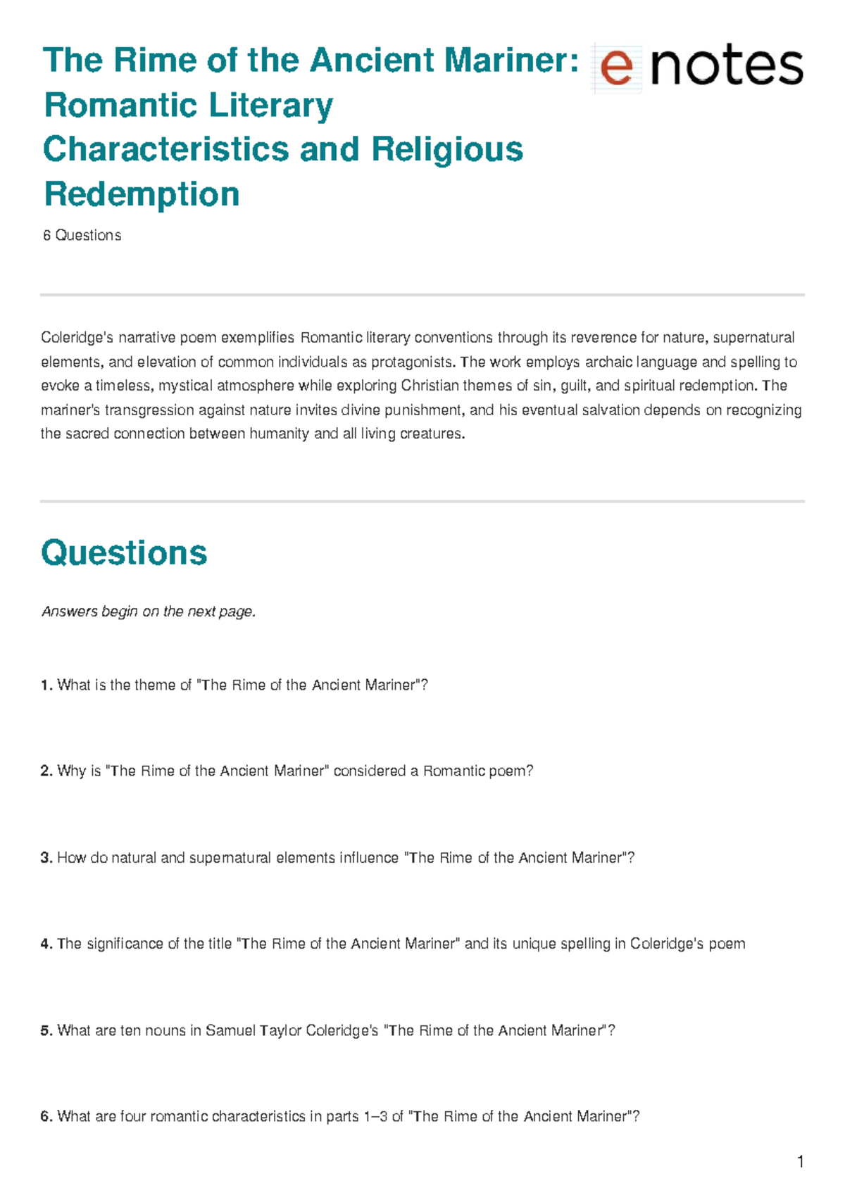 The Rime of the Ancient Mariner: Romantic Themes & Redemption Questions ...