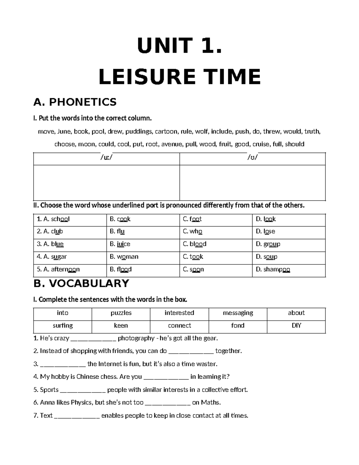 UNIT 1. Leisure Time - Grade 9 Phonetics & Vocabulary Exercises - Studocu