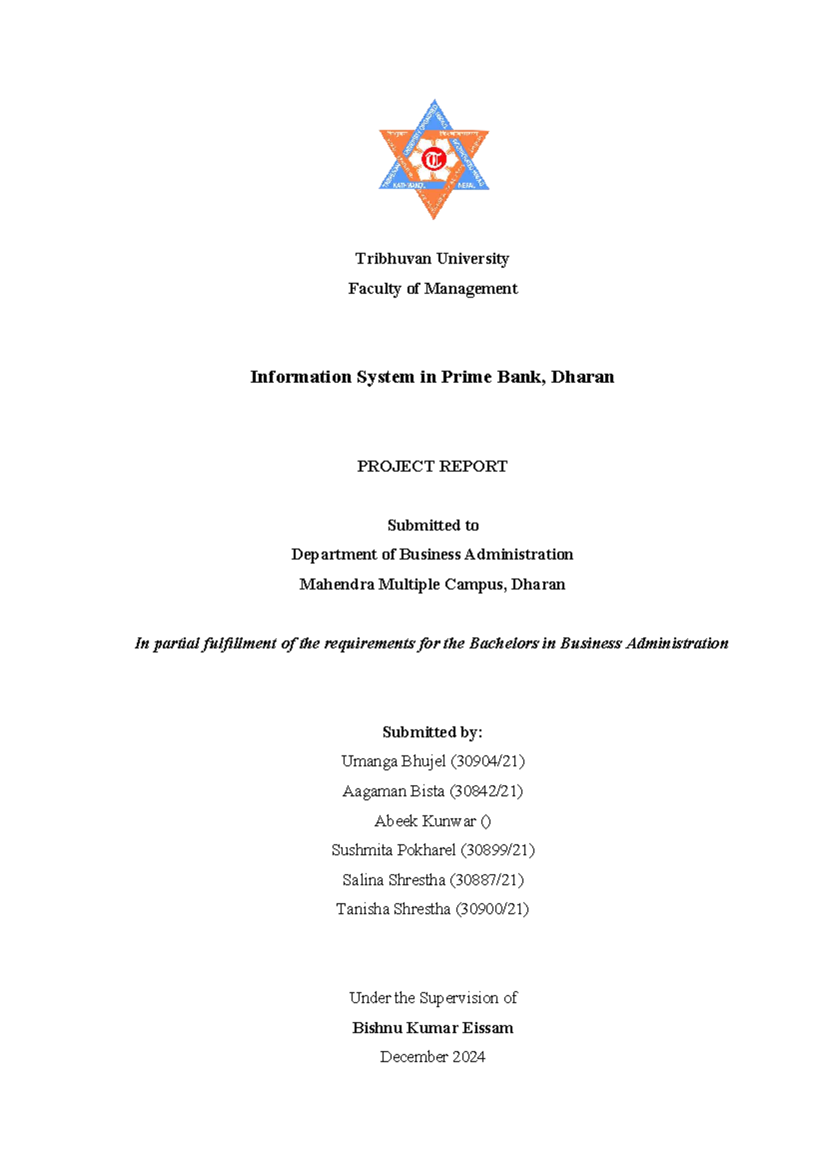 BBA Project Report on Information Systems at Prime Bank, Dharan (BIS ...