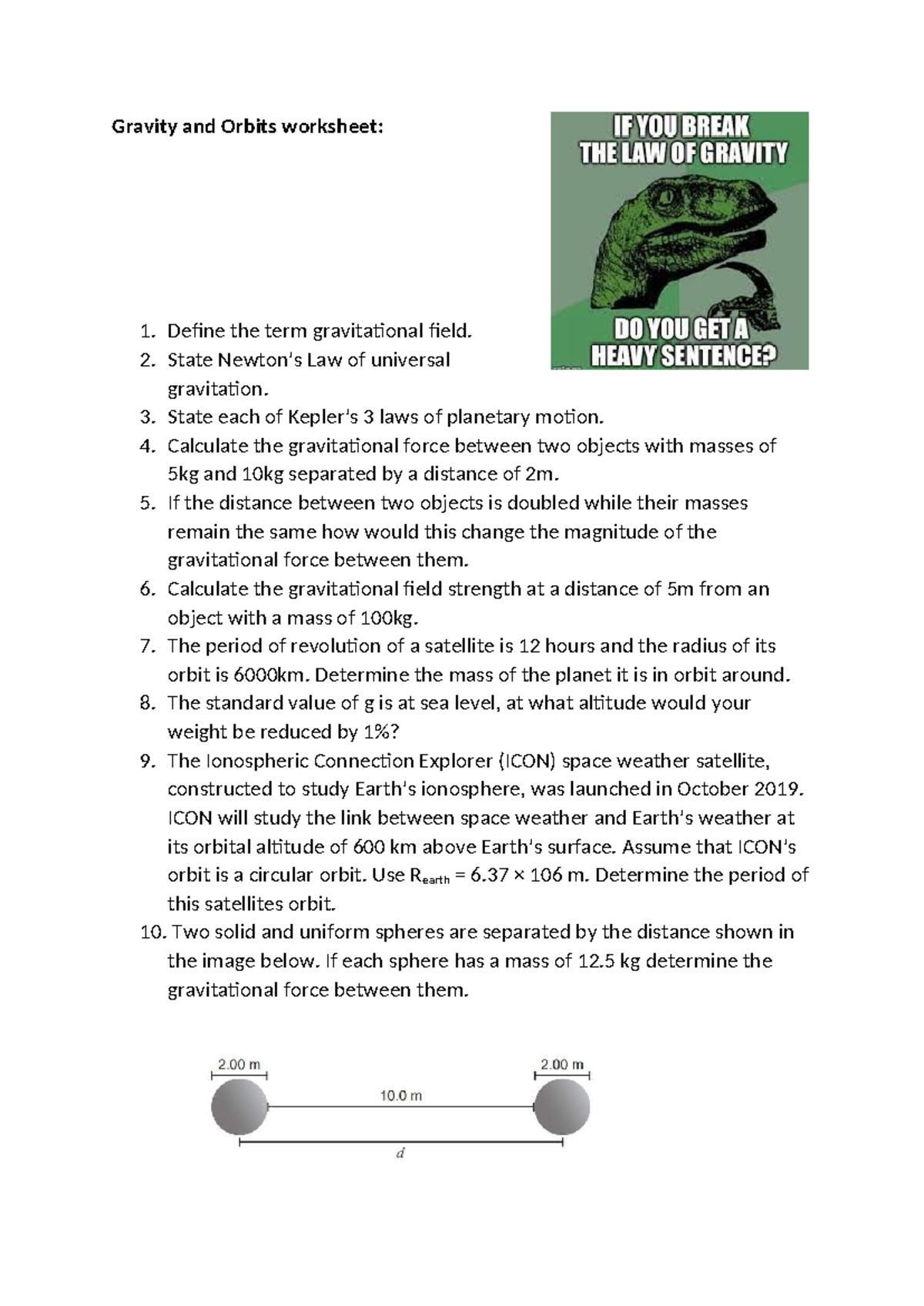 3.13 - Gravity and Orbits Worksheet: Key Concepts & Calculations - Studocu