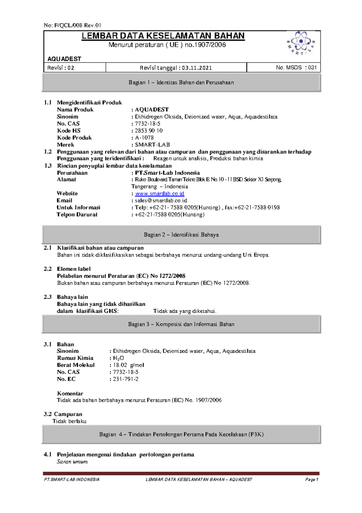 MSDS Aquadest (INDO) - Lembar Data Keselamatan Bahan Kimia - Document Preview