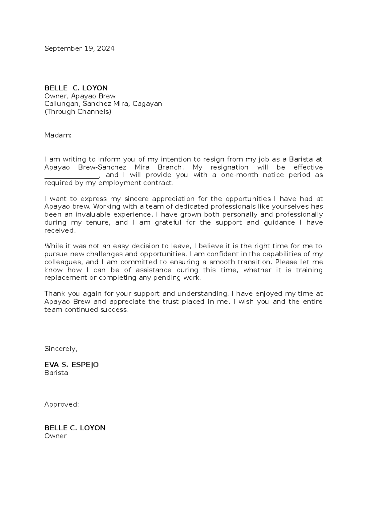 Resignation Letter of Eva S. Espejo - Barista at Apayao Brew - Studocu