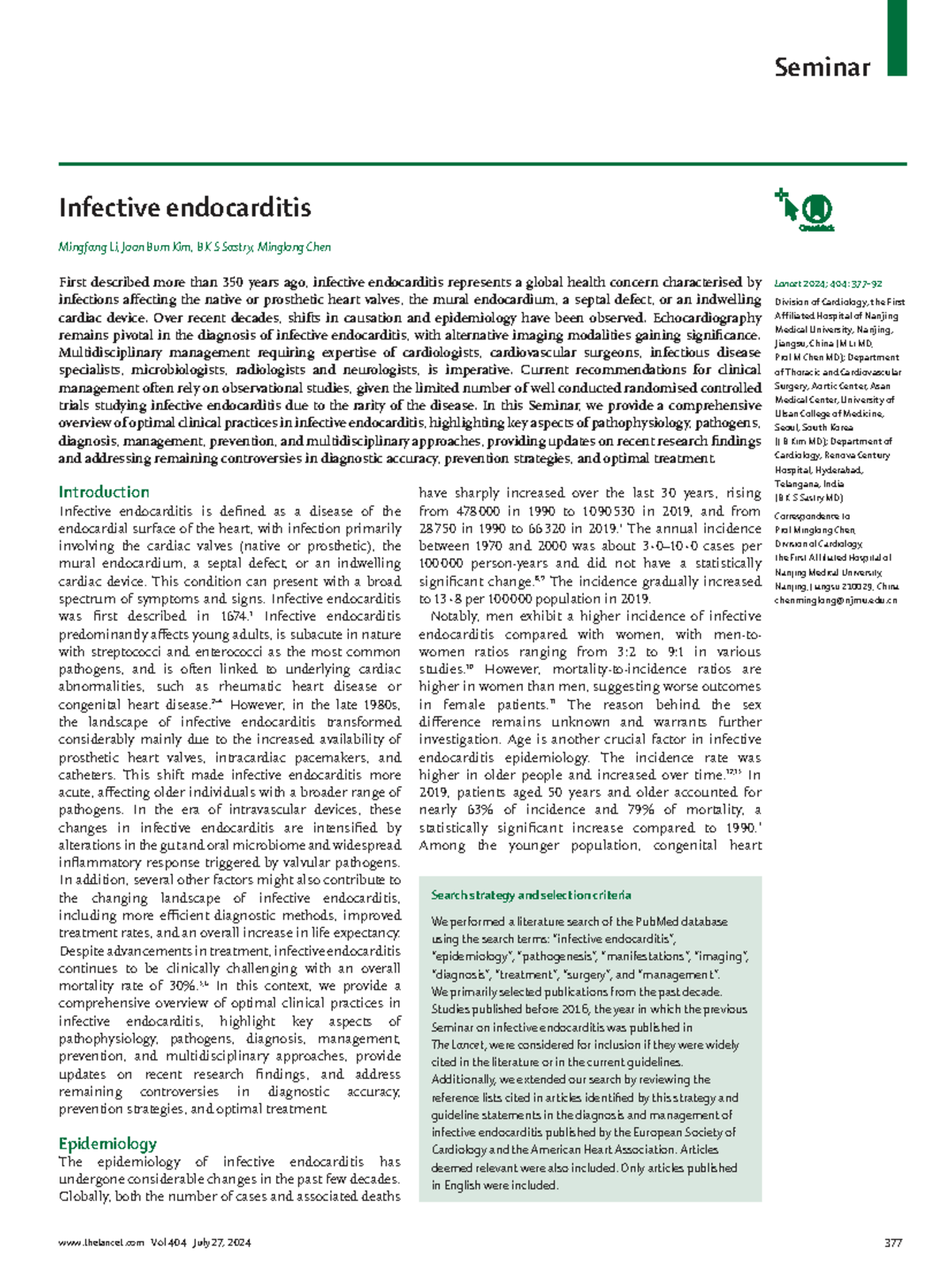 Seminar on Infective Endocarditis: Comprehensive Review and Updates ...