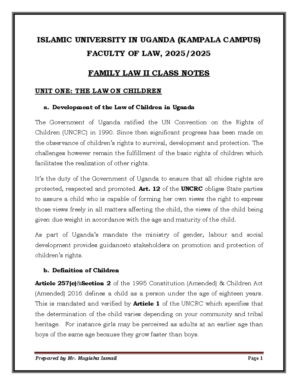 Family Law II Class Notes (IUIU MC): The Law on Children - Studocu