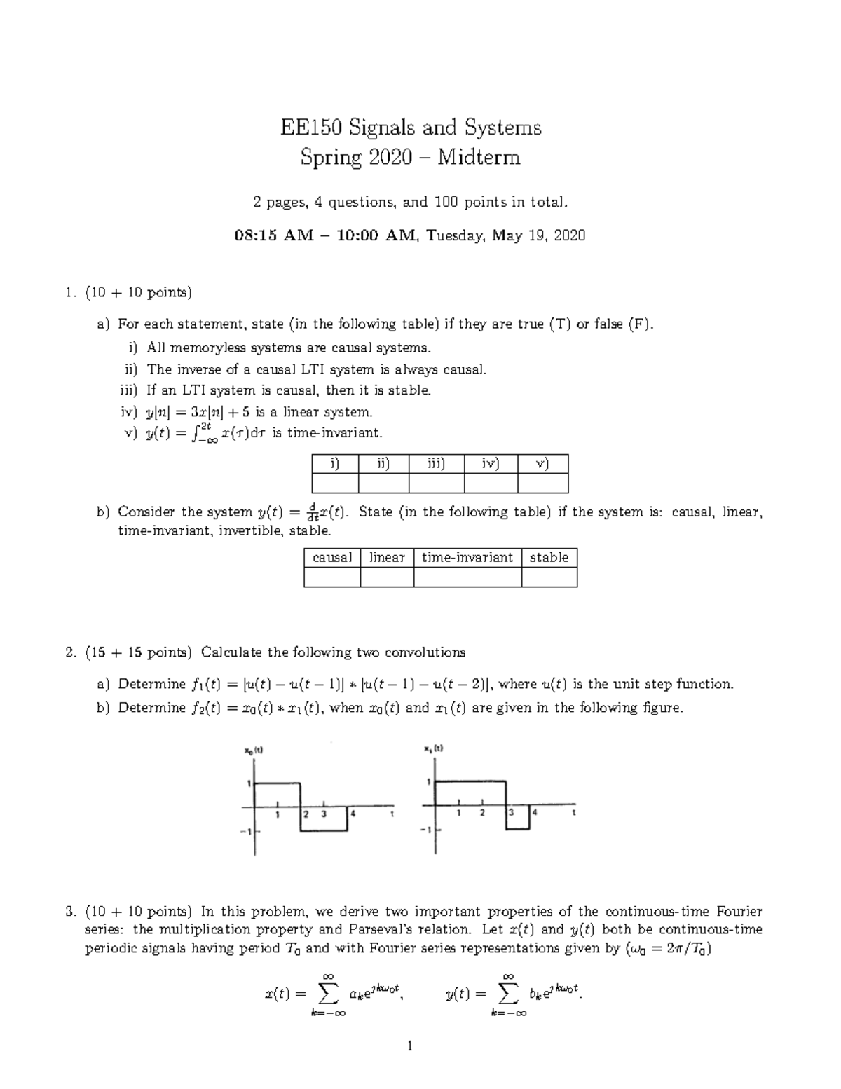 EE150 Signals and Systems Spring 2020 Midterm Exam Notes - Studocu