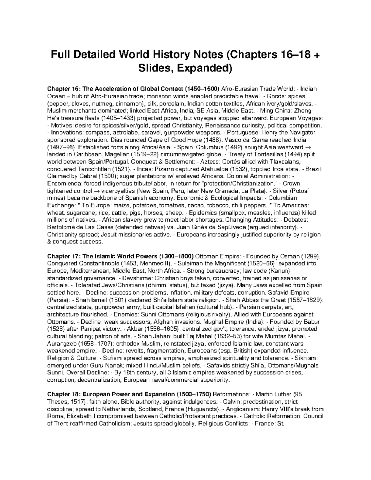 World History Notes (Chapters 16-18): Global Contact & Empires - Studocu