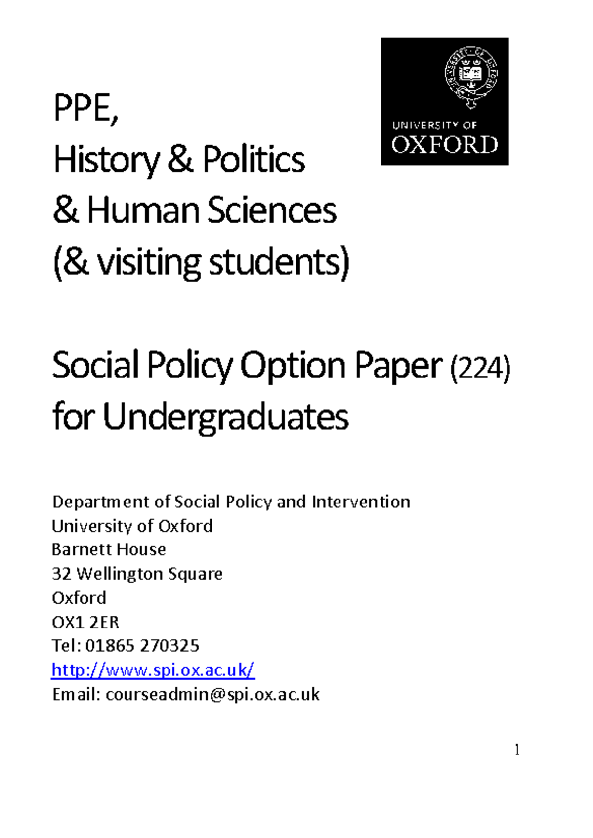 Social Policy 224 - Course Information Leaflet 2024-25 - PPE, History ...