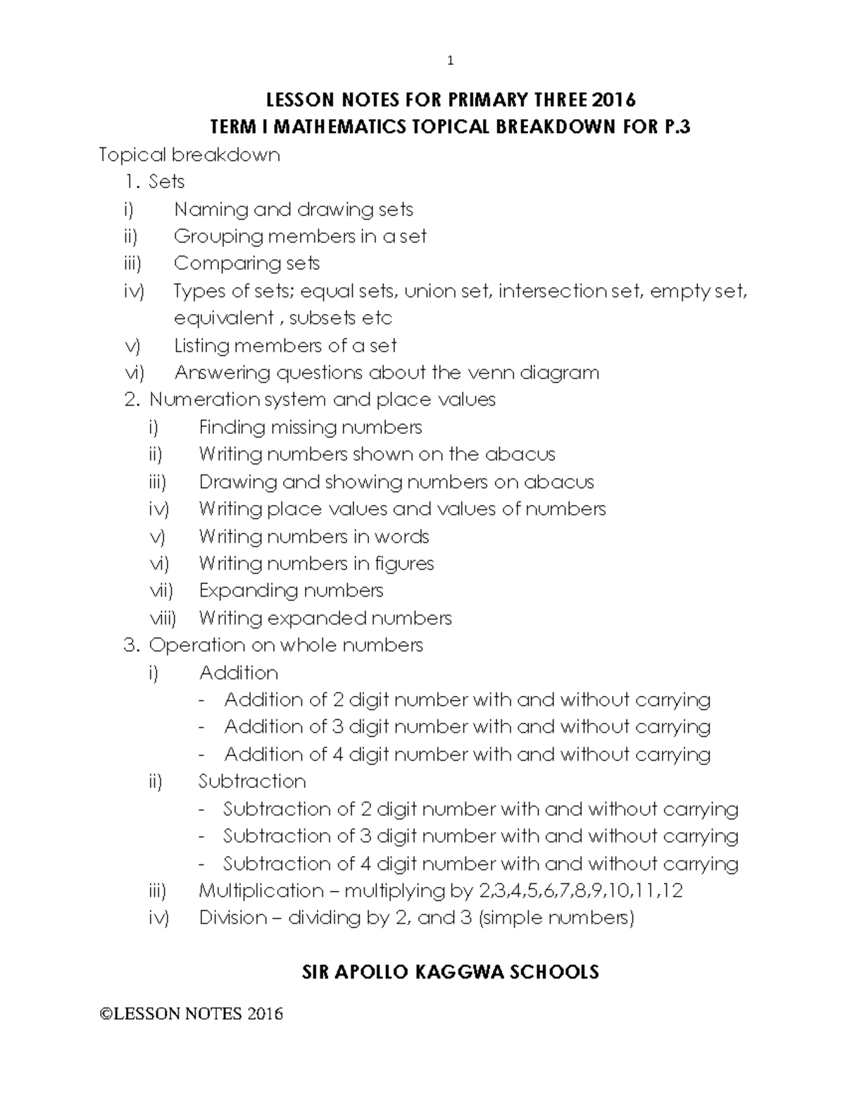 P.3 MATHEMATICS LESSON NOTES TERM I 2016: TOPICAL BREAKDOWN - Studocu