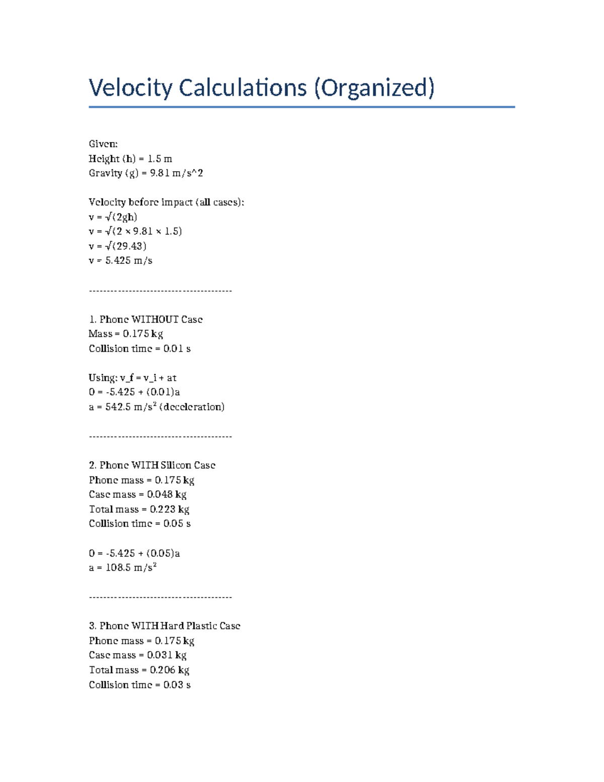 Velocity Calculations for Phone Impact Analysis - Studocu