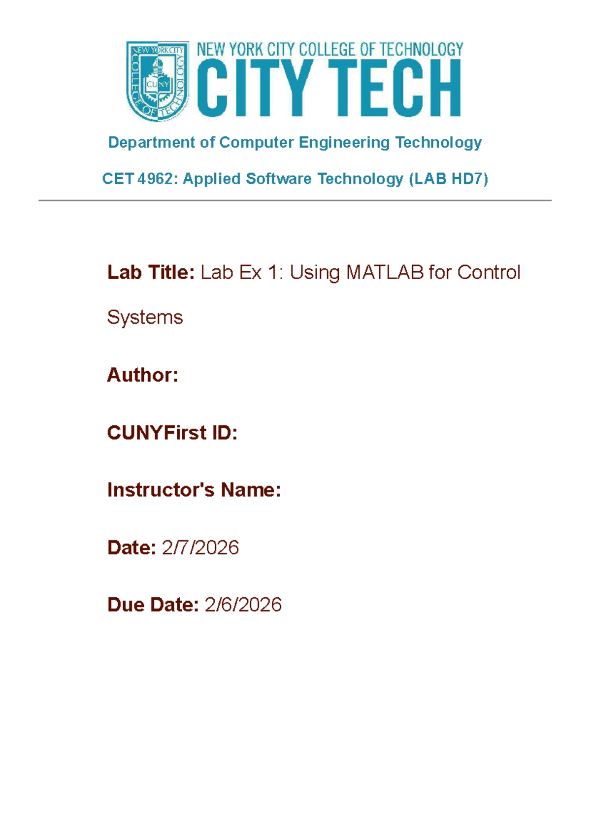 CET 4864 Lab 2: MATLAB Applications in Control Systems Analysis - Studocu