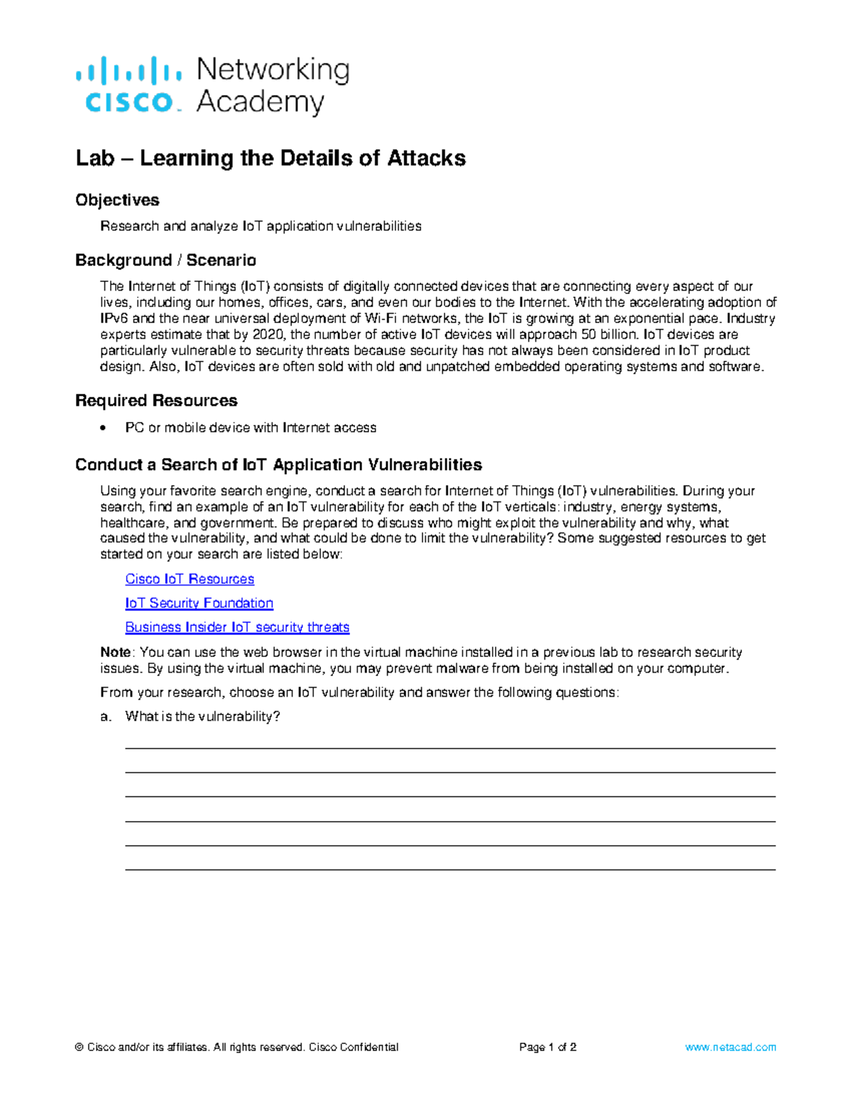 1.1.2.6 Lab - Analyzing IoT Vulnerabilities and Security Threats - Studocu