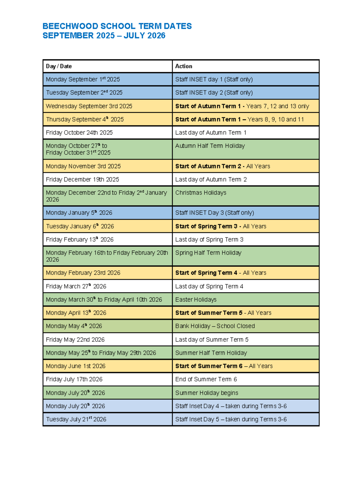 Beechwood School Term Dates 2025-2026 - Studocu