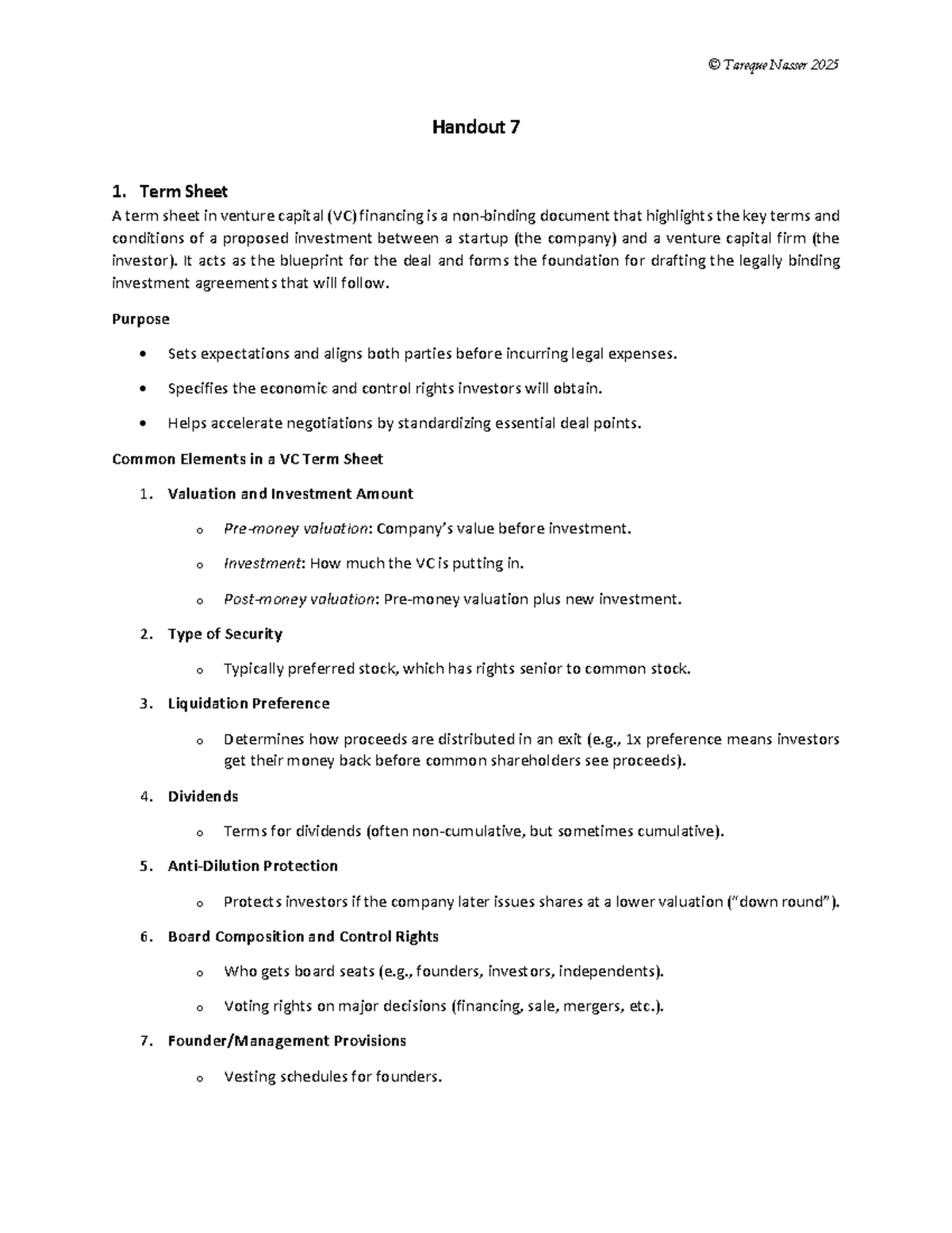 Handout 7: VC Term Sheet Overview - Studocu