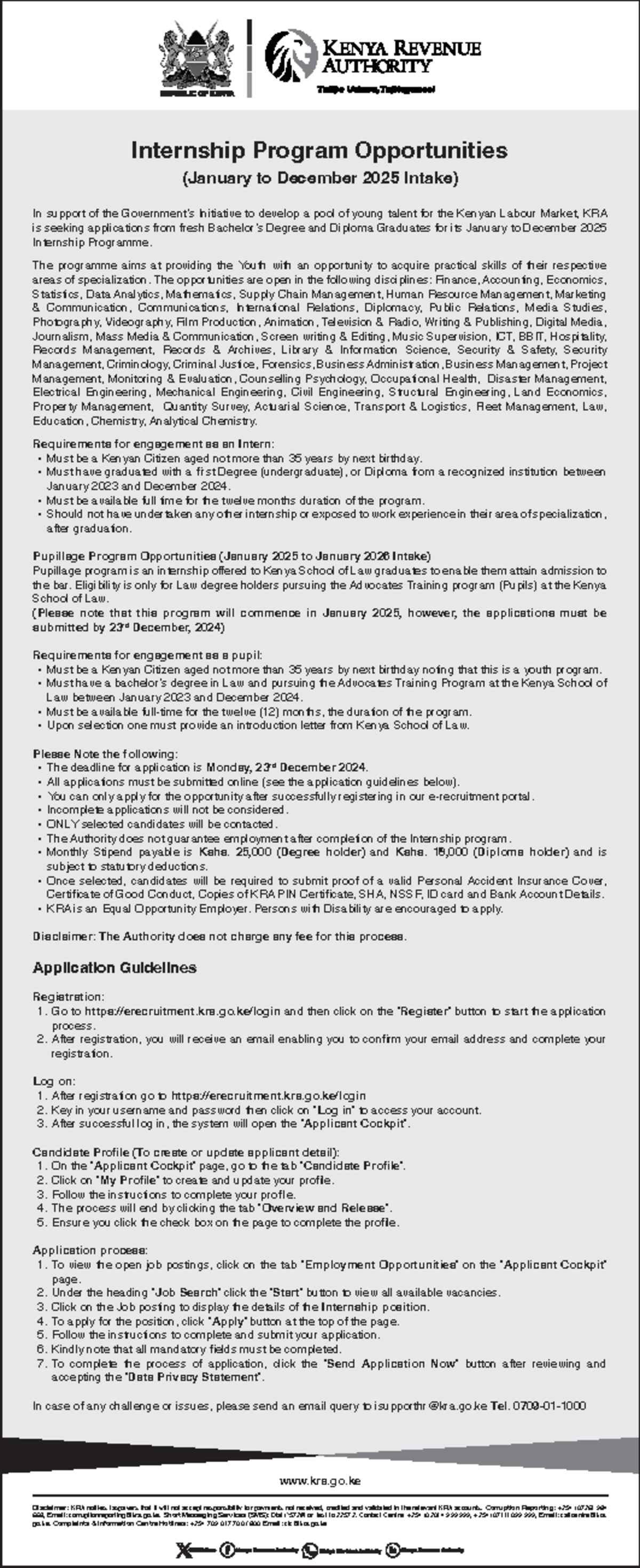 KRA Internship Program Opportunities for 2025 Intake: Details ...