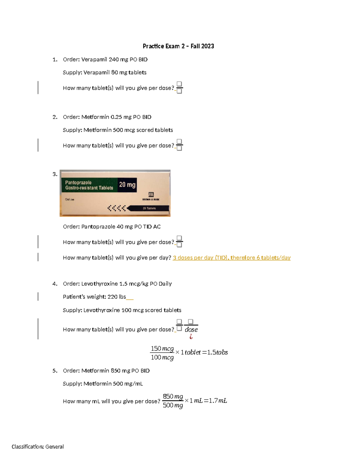 Exam 2 Practice Answers Fall 2024: Medication Calculations - Studocu