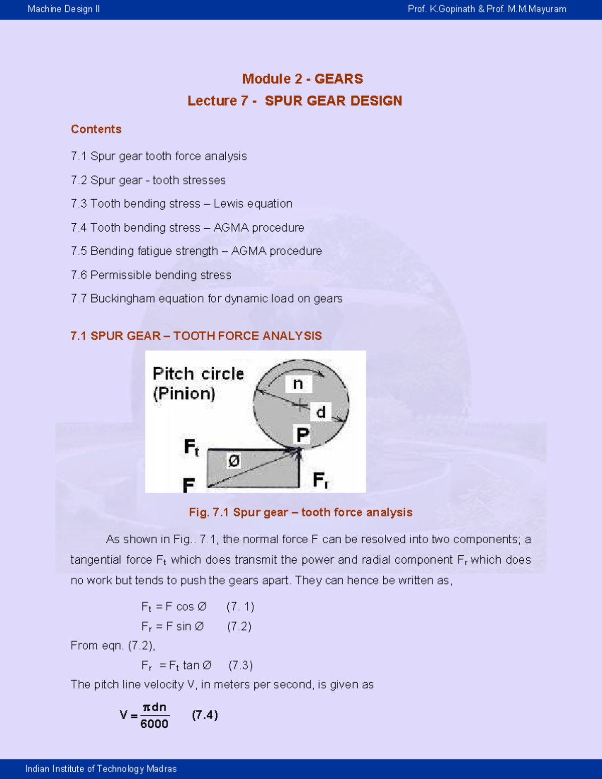 Machine Design II - Module 2: AGMA Spur Gear Design Lecture 7 - Studocu